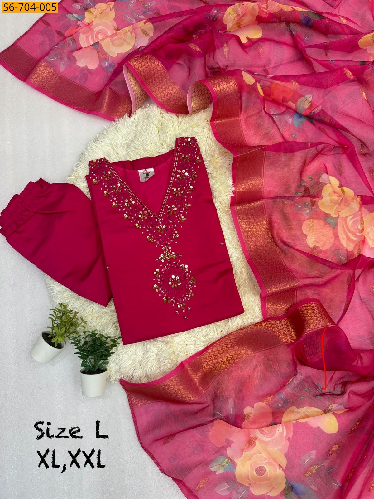 Pink Roman Silk Kurti Pant Dupatta Set