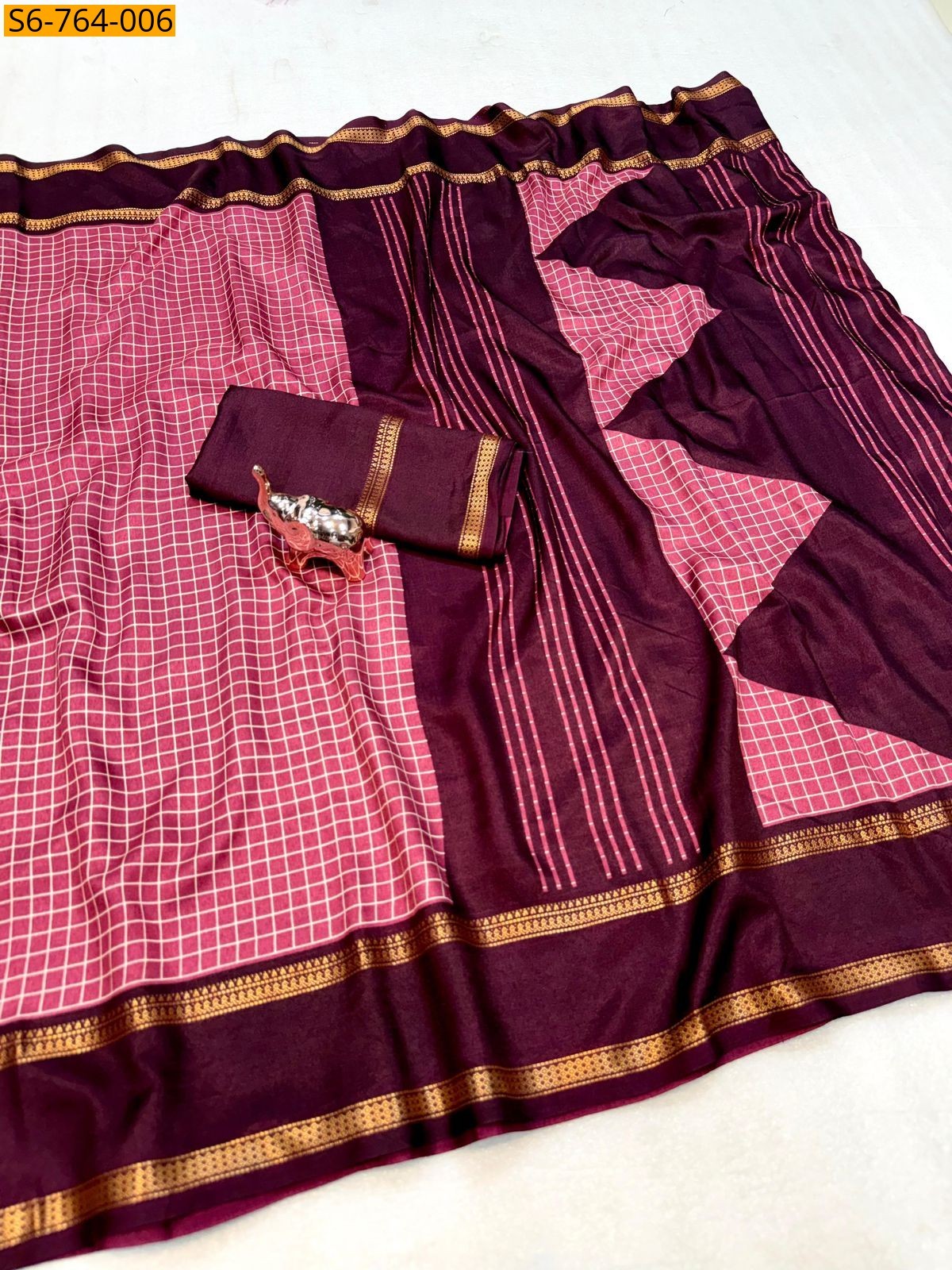 Pink Soft Tussar Checks Printed Saree