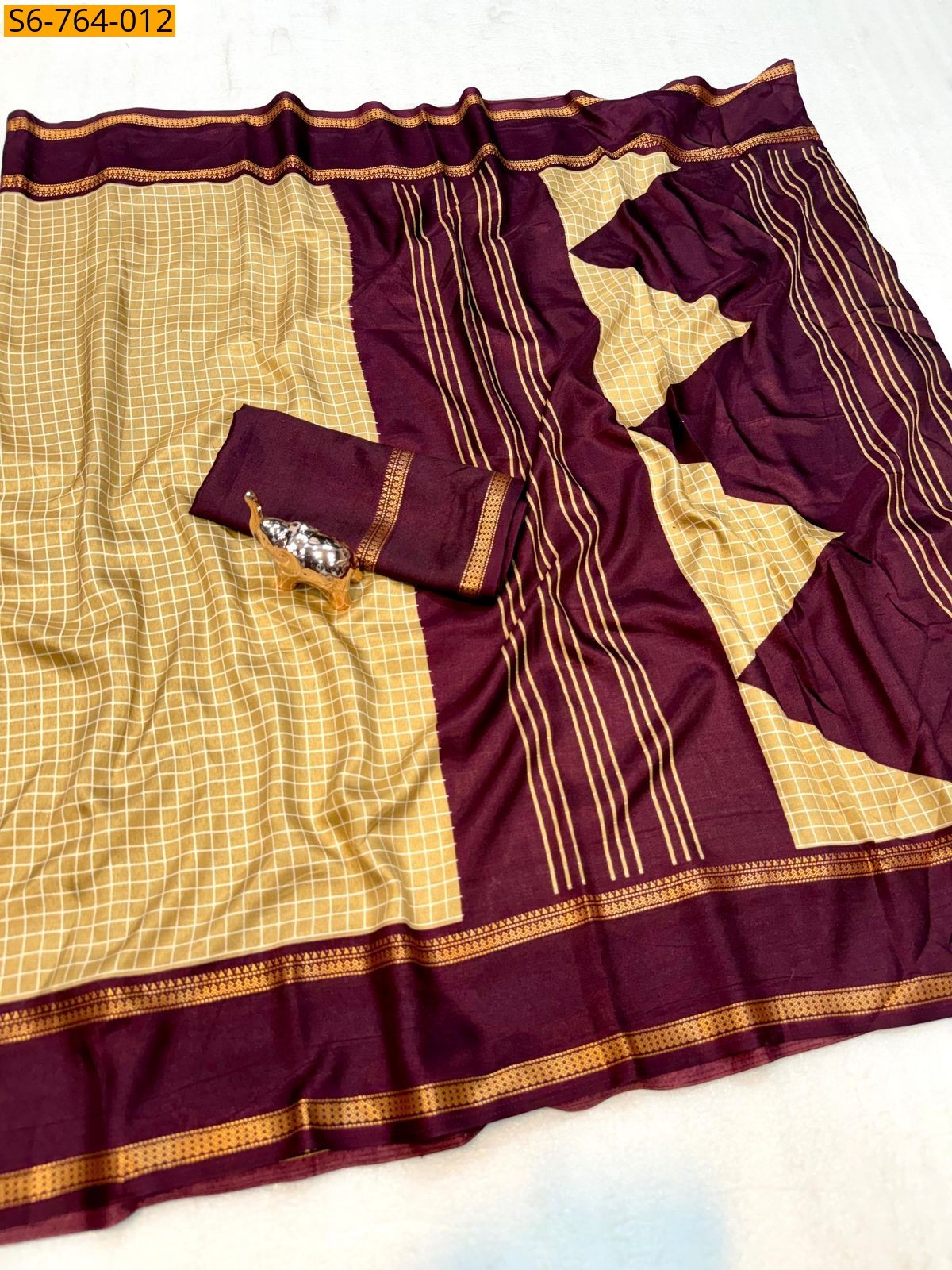 Sandal Soft Tussar Checks Printed Saree