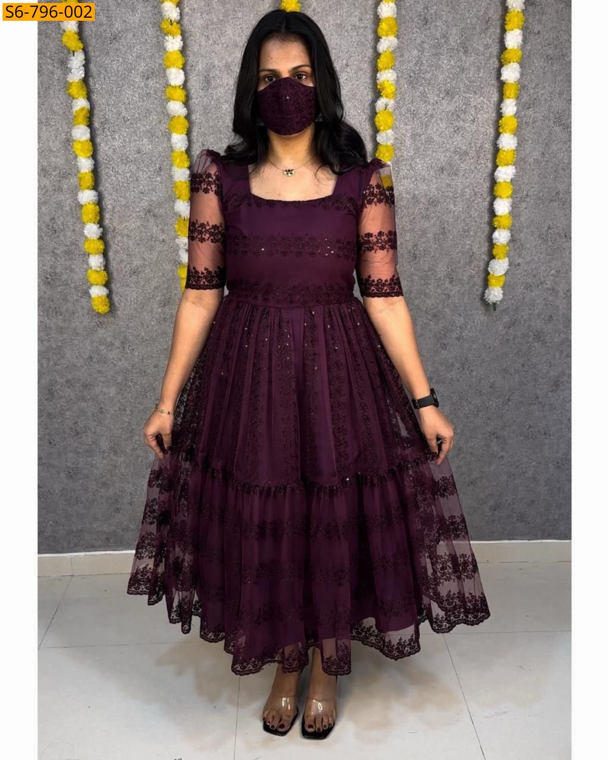 Wine Fancy Net Embroidery Frock
