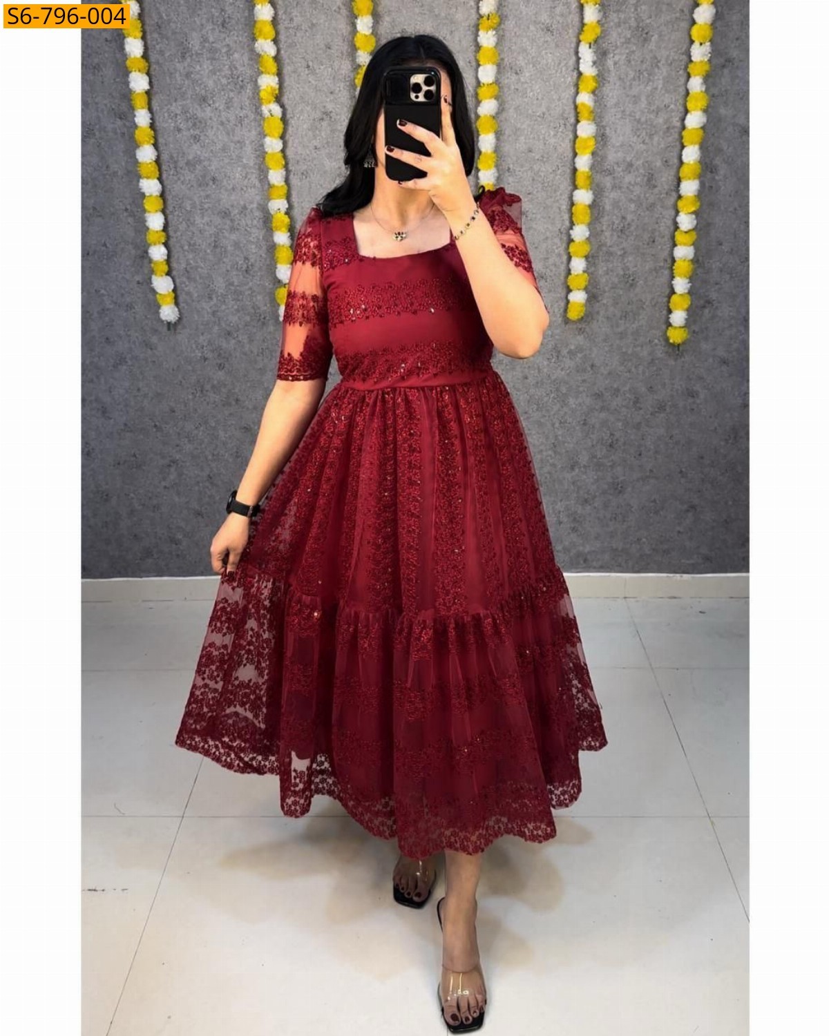 Red Fancy Net Embroidery Frock
