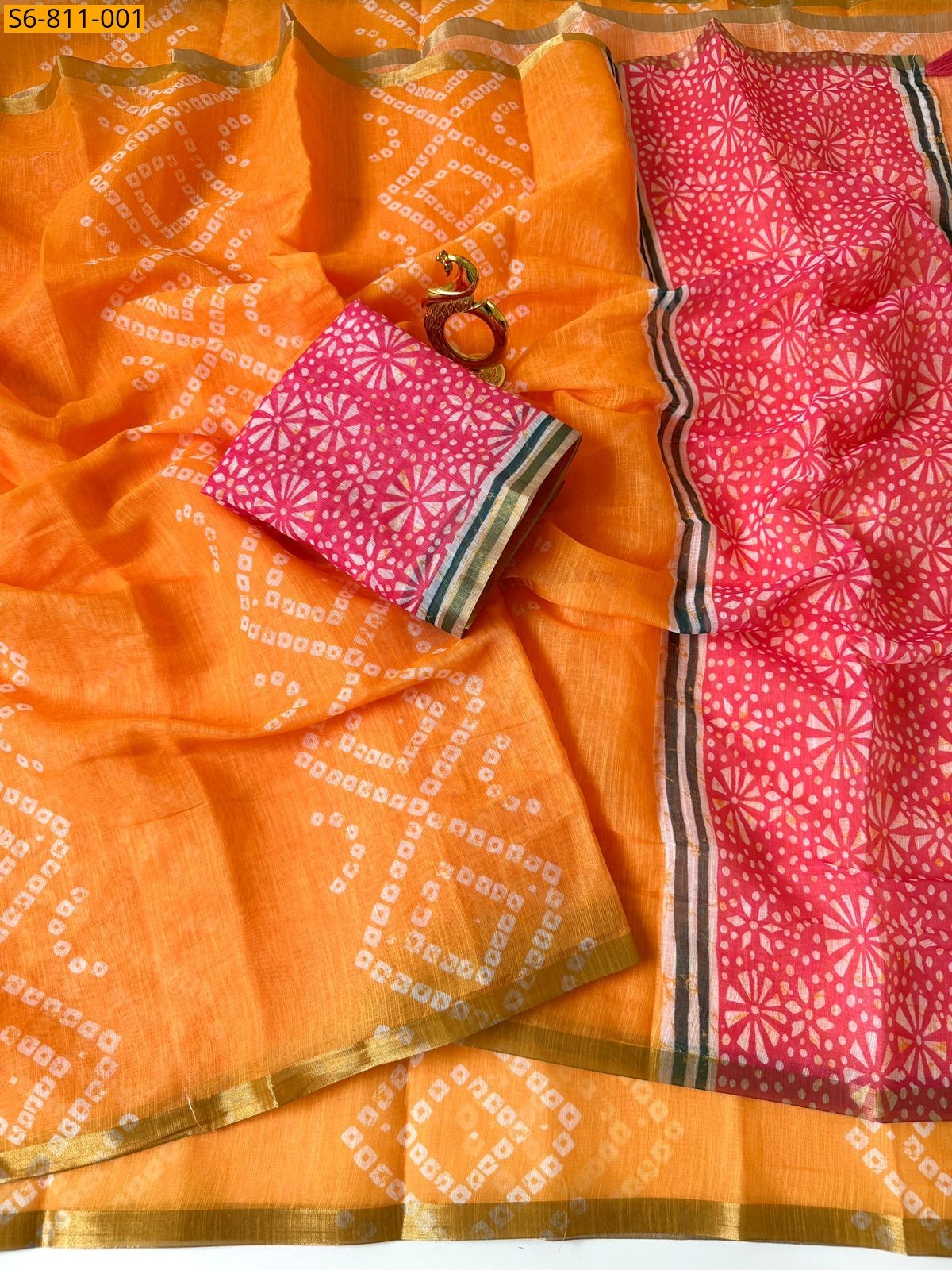 Orange Fancy linen cotton saree