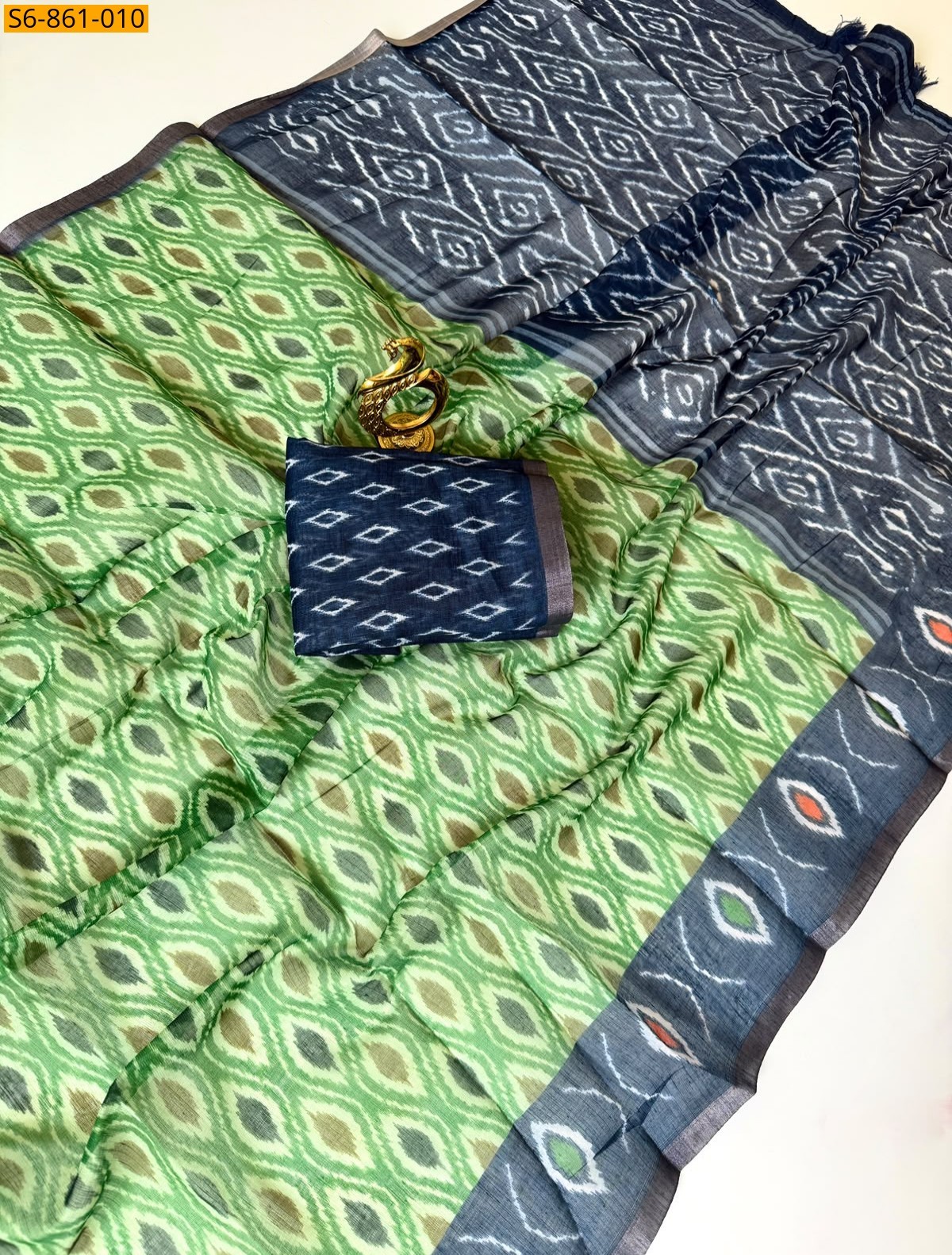 Green Fancy Linen Cotton Saree