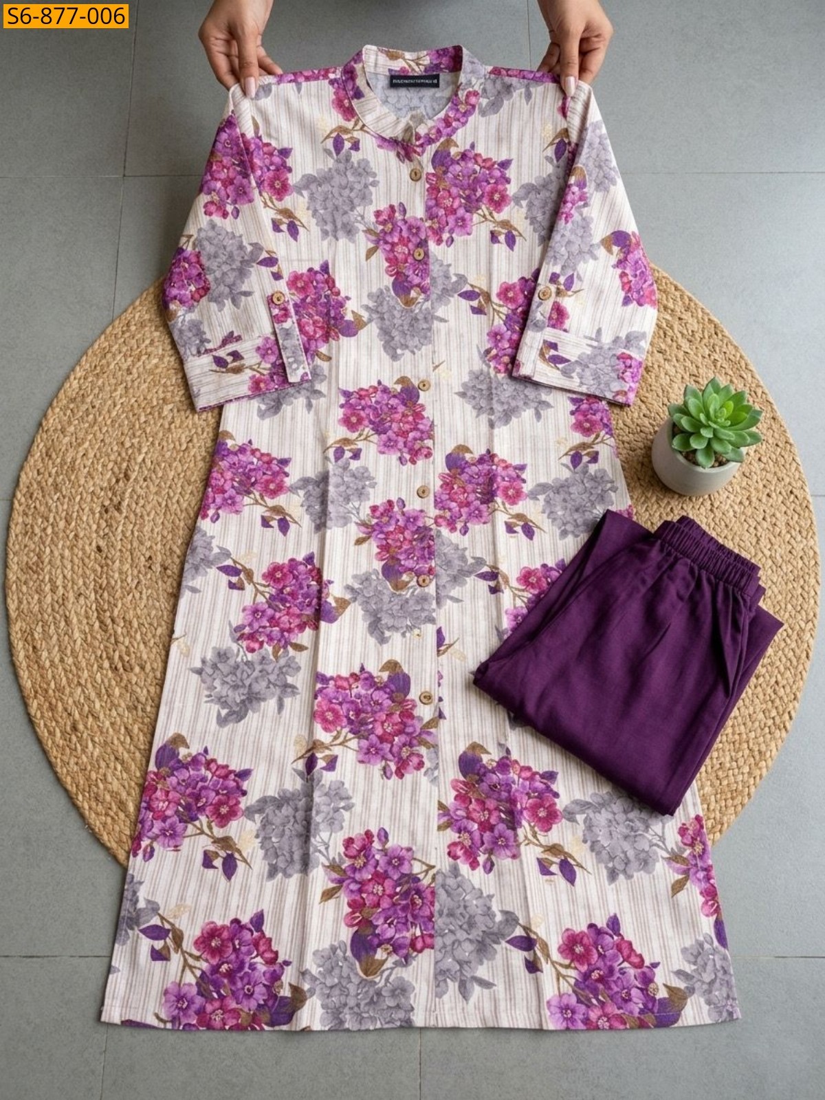 Half Whitw with Violet Fancy Bamboo Cotton kurti with pant