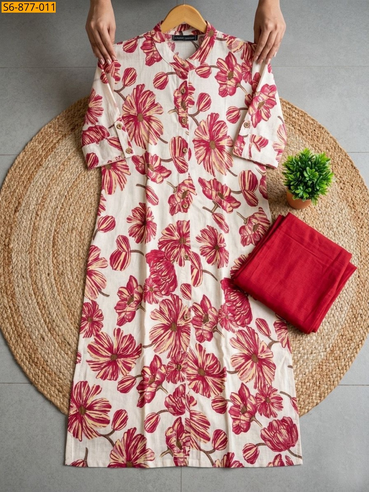 Half Whitw with Red Fancy Bamboo Cotton kurti with pant