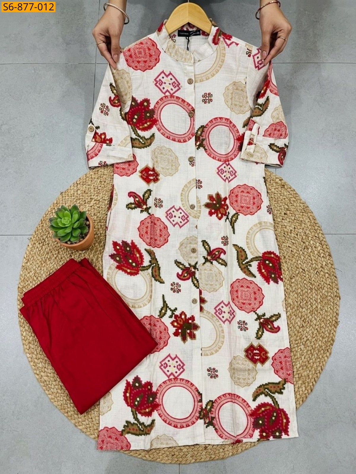 Half Whitw with Red Fancy Bamboo Cotton kurti with pant