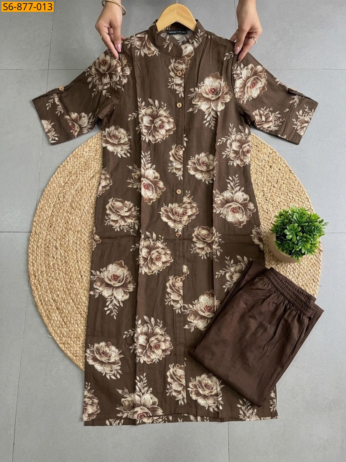 Brown Fancy Bamboo Cotton kurti with pant