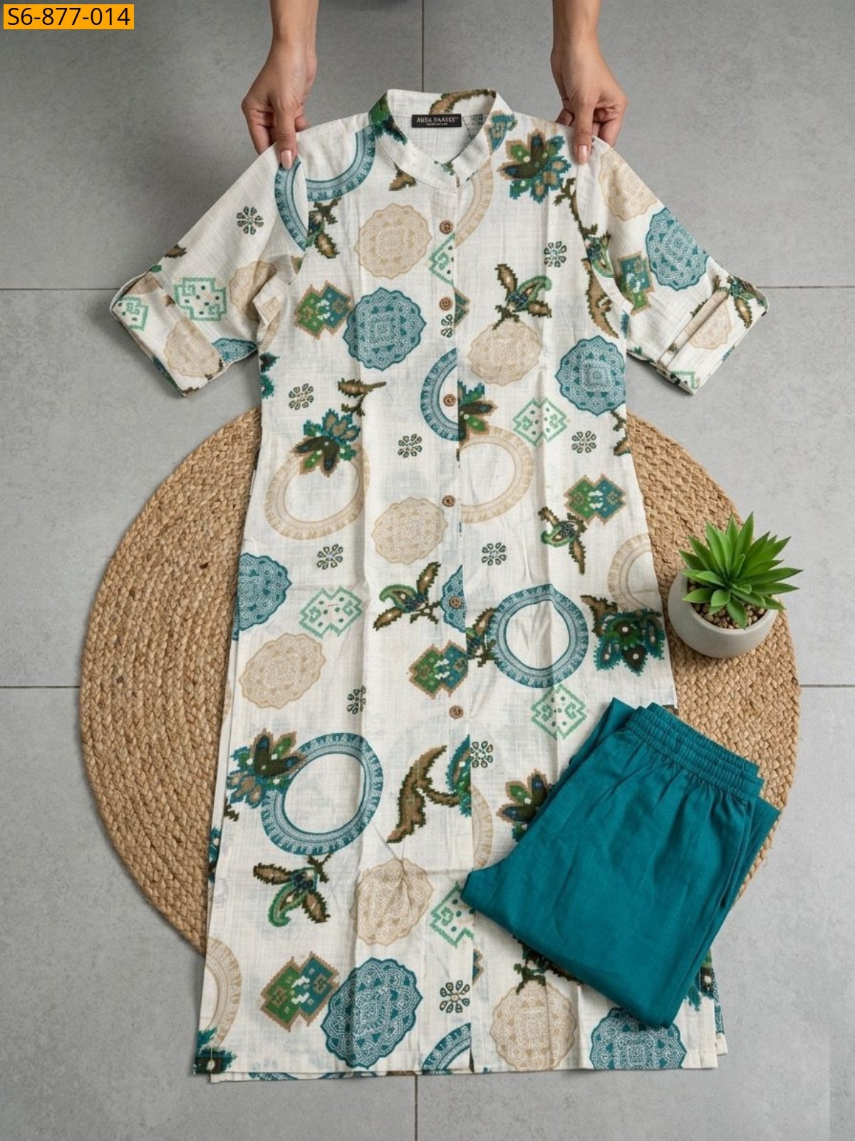 Half Whitw with Blue Fancy Bamboo Cotton kurti with pant