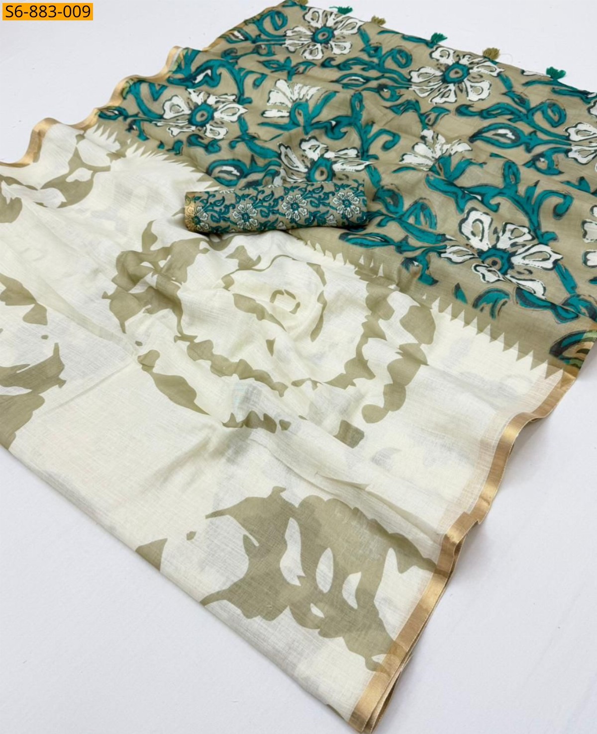 Half White Fancy Soft cotton based Linen Saree