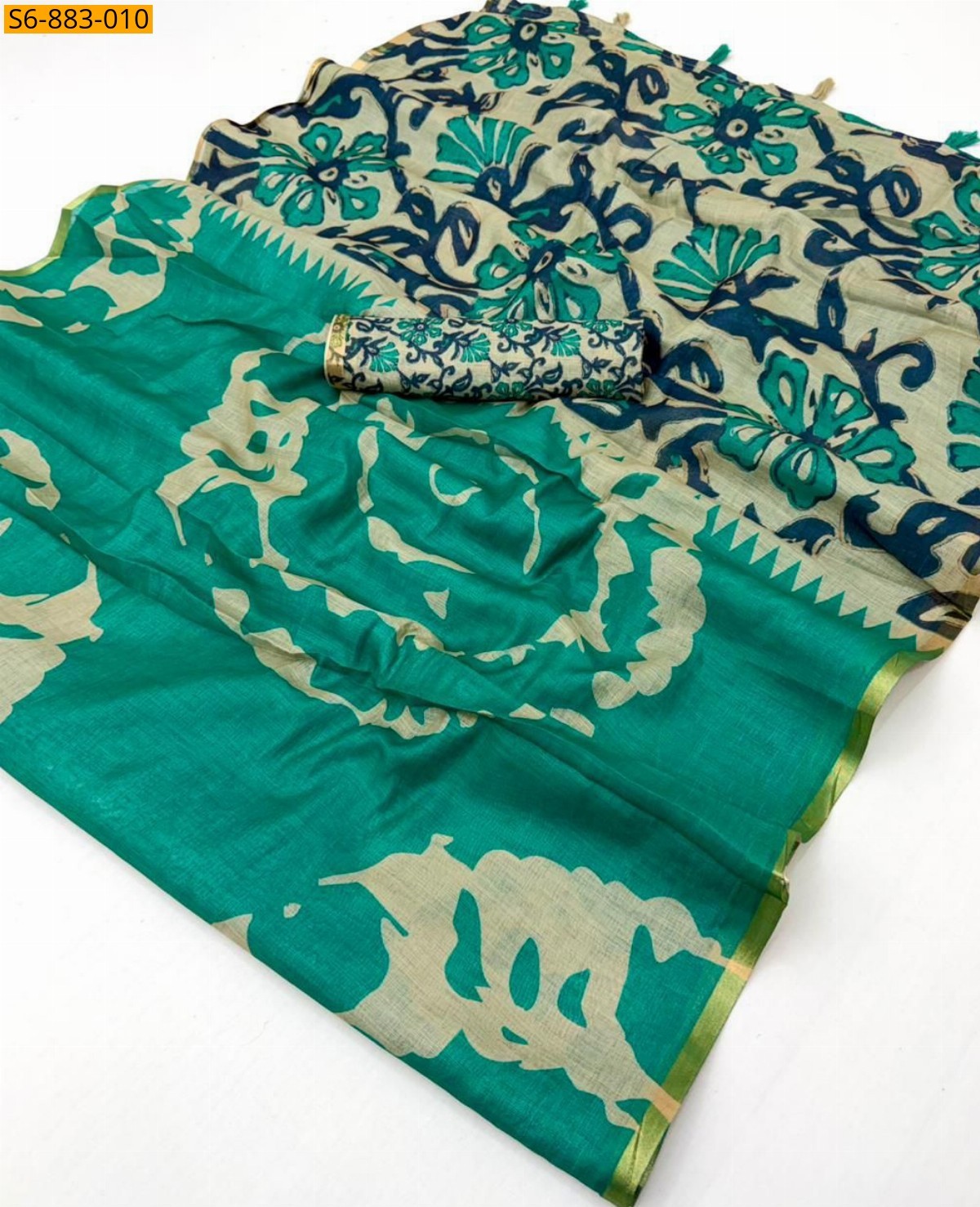 Rama Green Fancy Soft cotton based Linen Saree