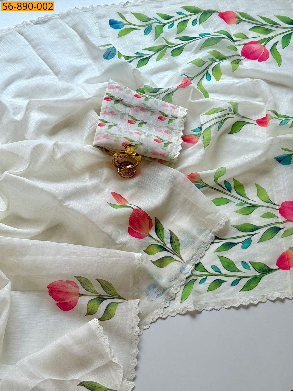 White Fancy Linen cotton Saree