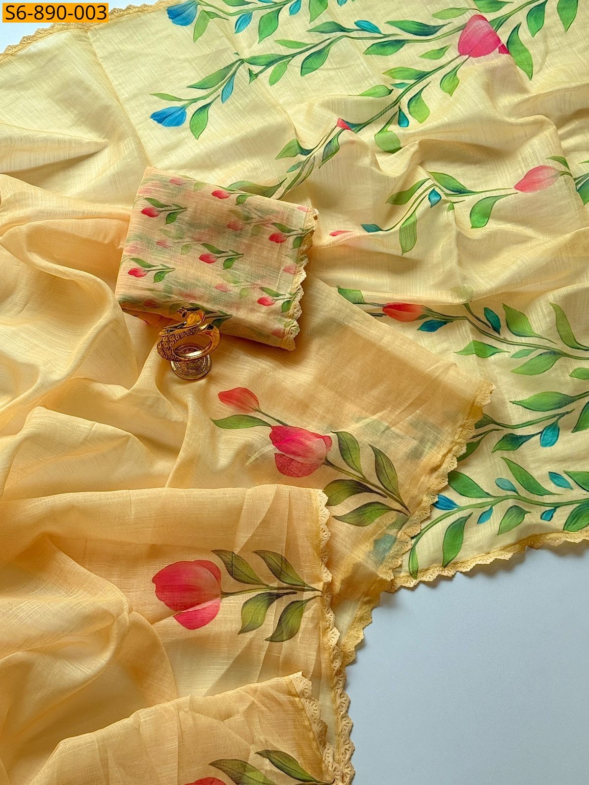 Yellow Fancy Linen cotton Saree