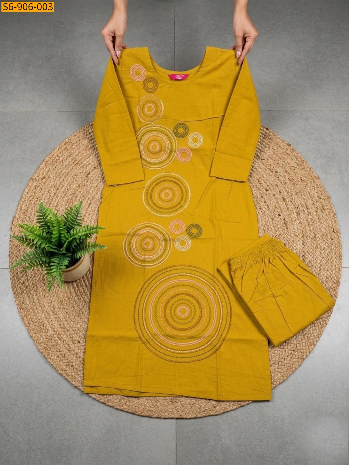 Mustard Fancy Dhabu Cotton Coord Set
