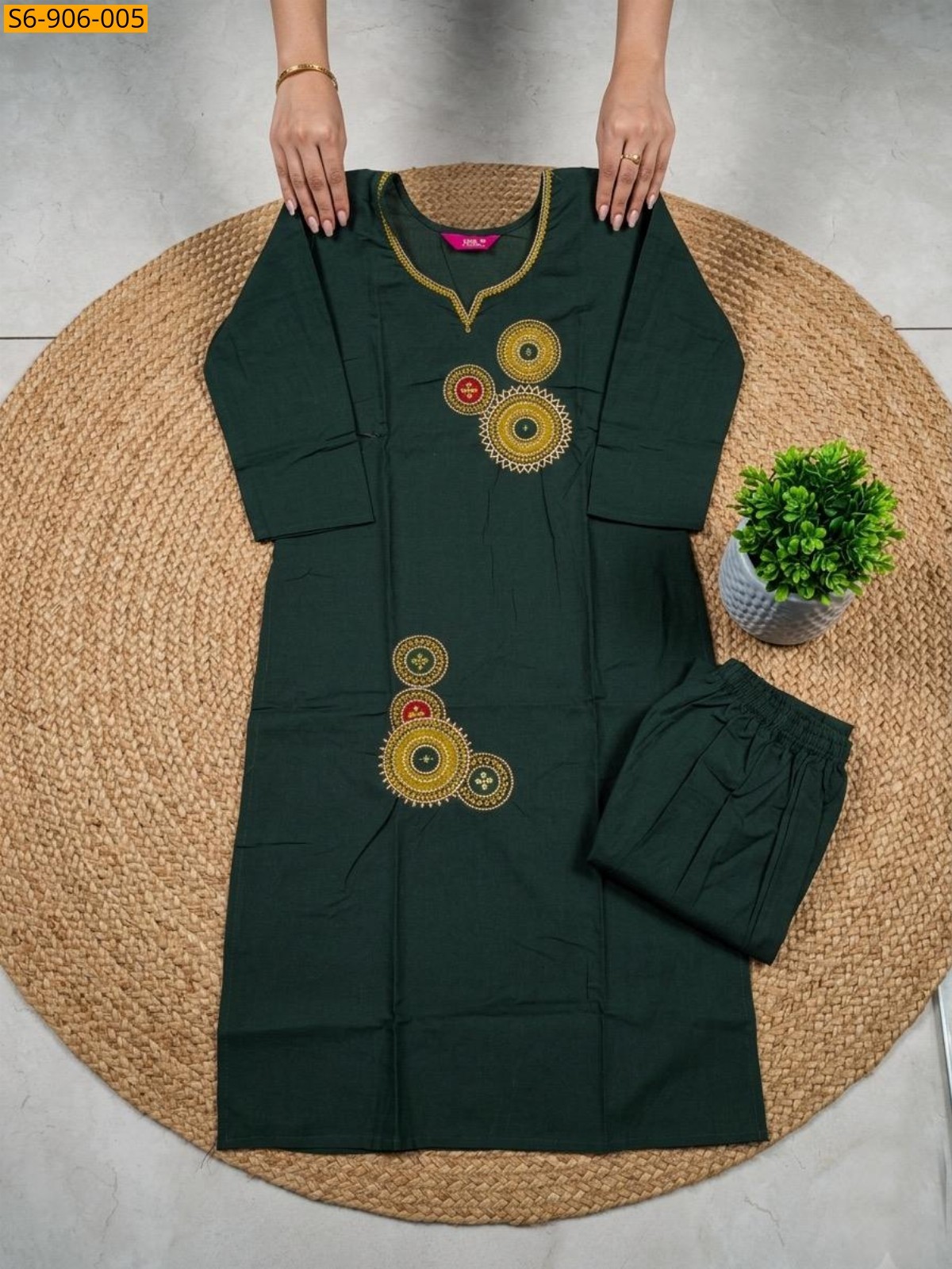 Green Fancy Dhabu Cotton Coord Set