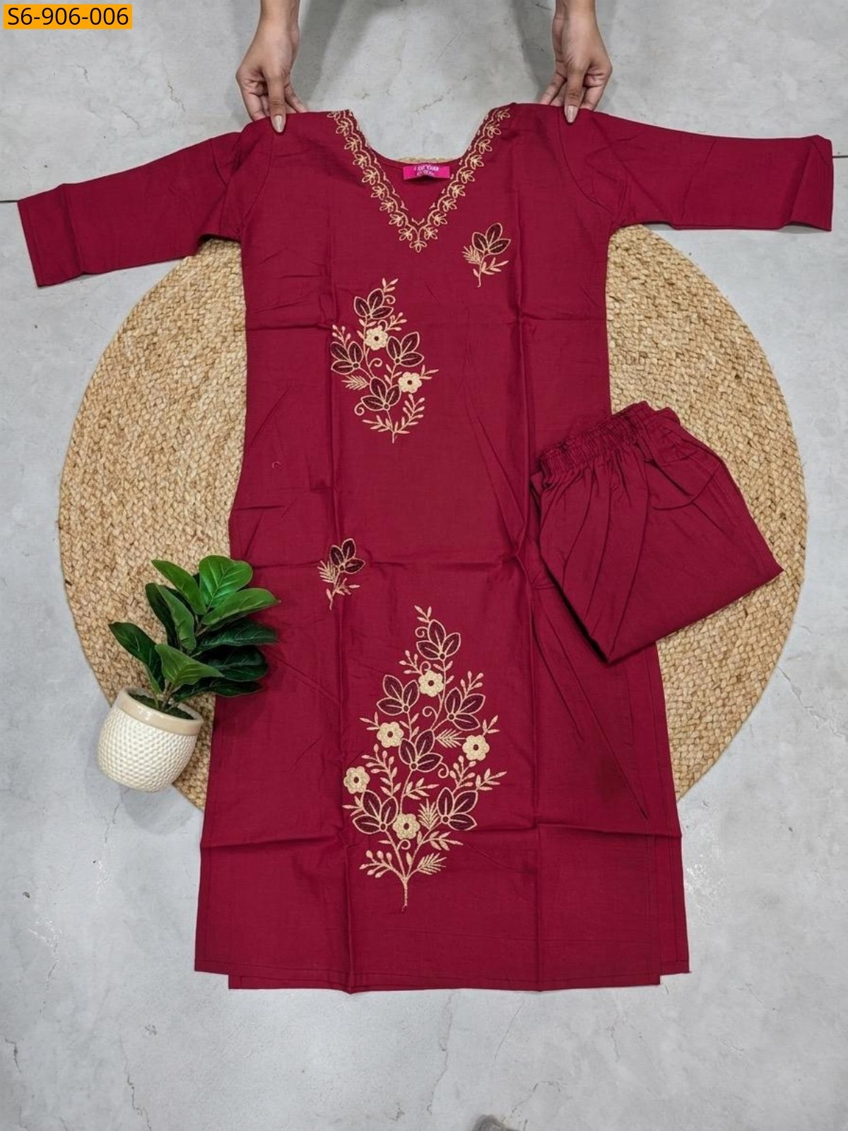 Red Fancy Dhabu Cotton Coord Set
