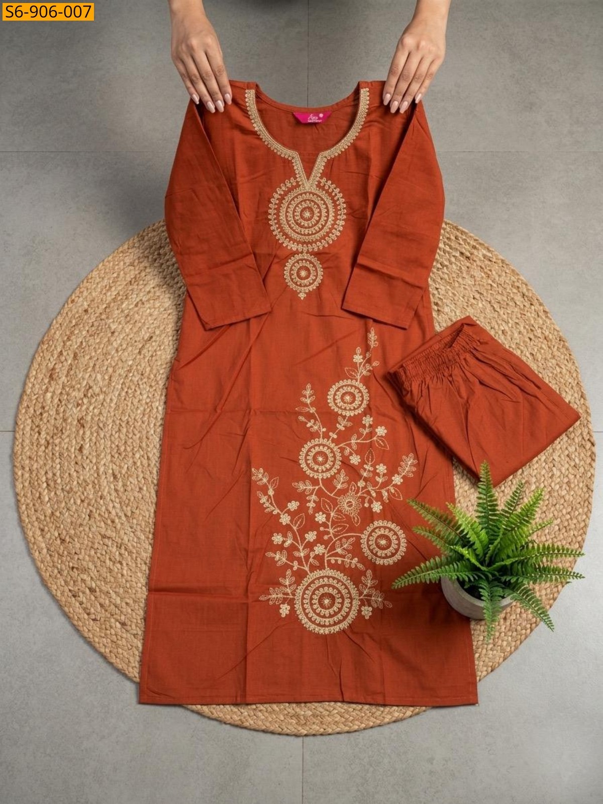 Orange Fancy Dhabu Cotton Coord Set
