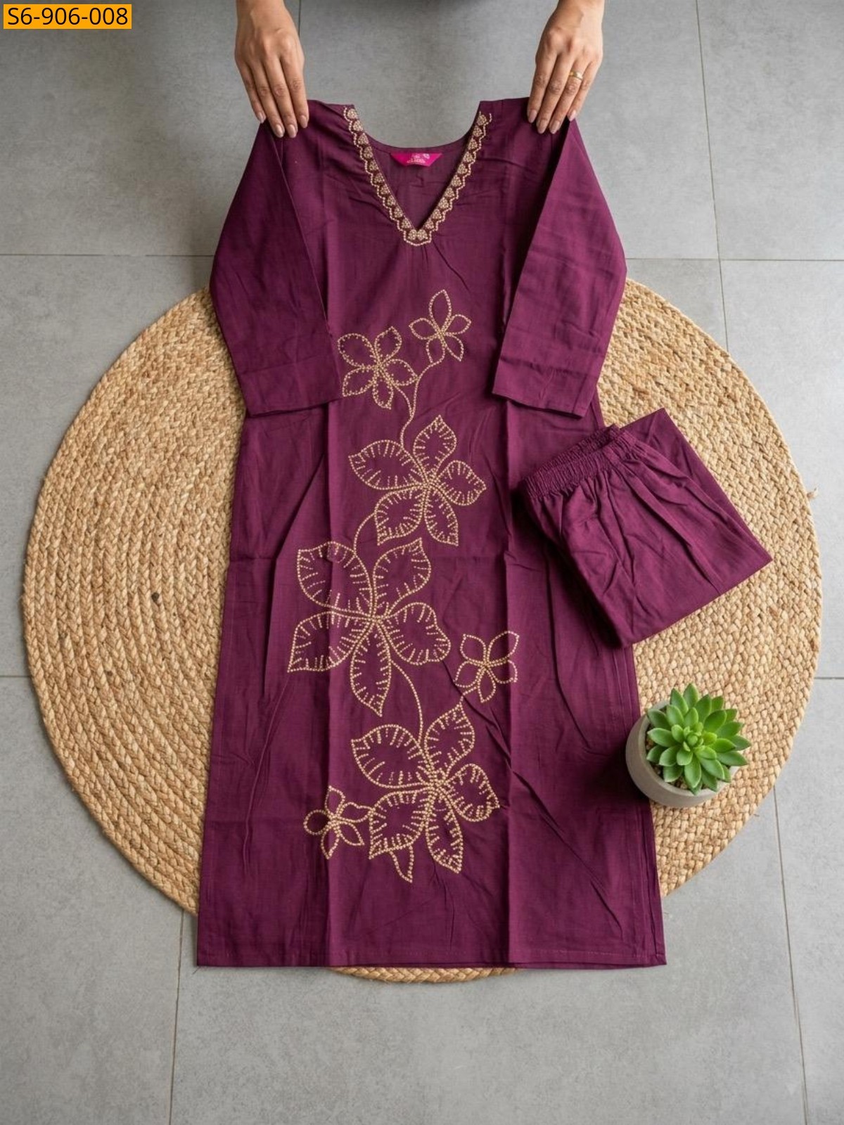 Wine Fancy Dhabu Cotton Coord Set
