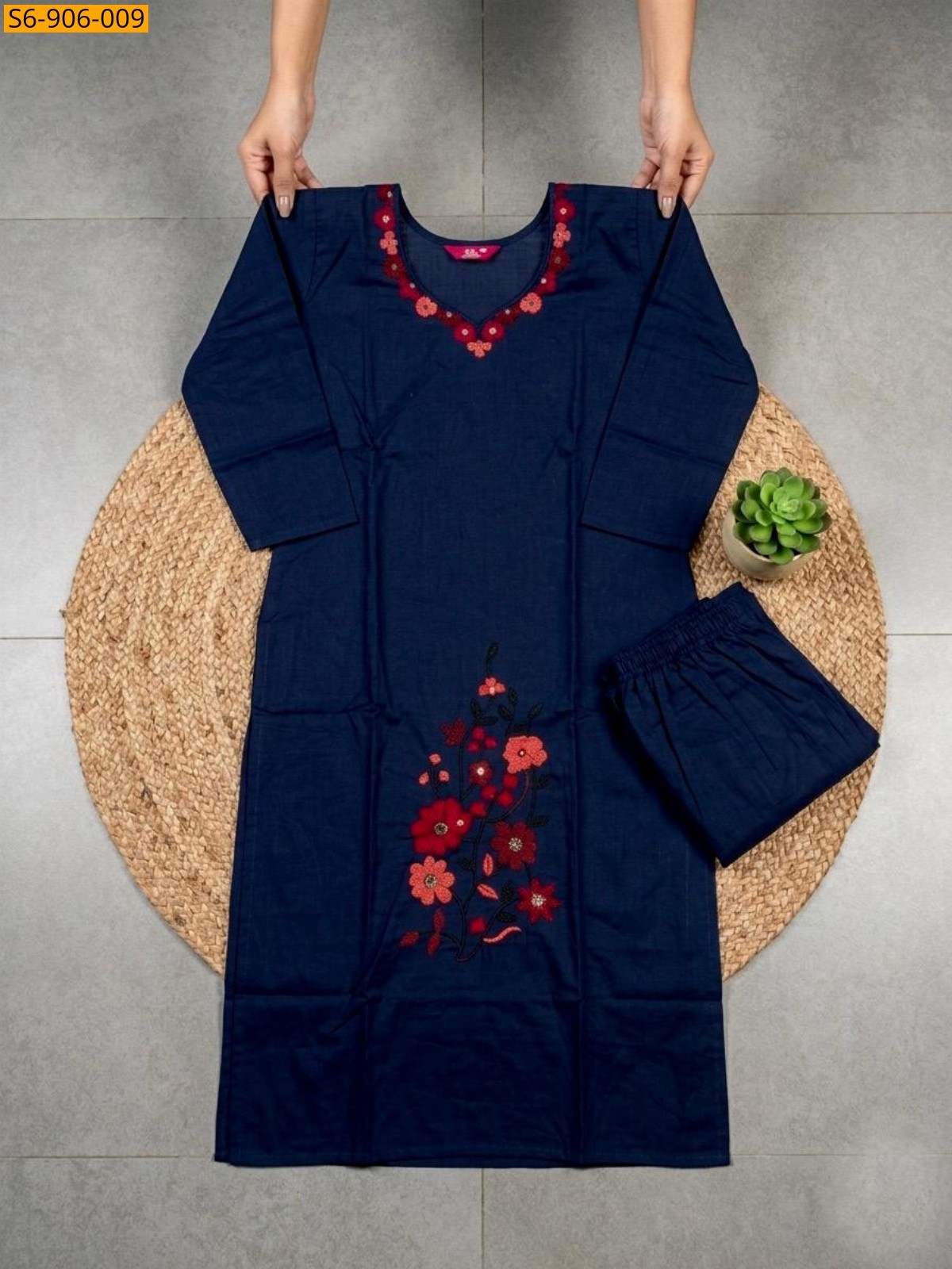 Navy Blue Fancy Dhabu Cotton Coord Set