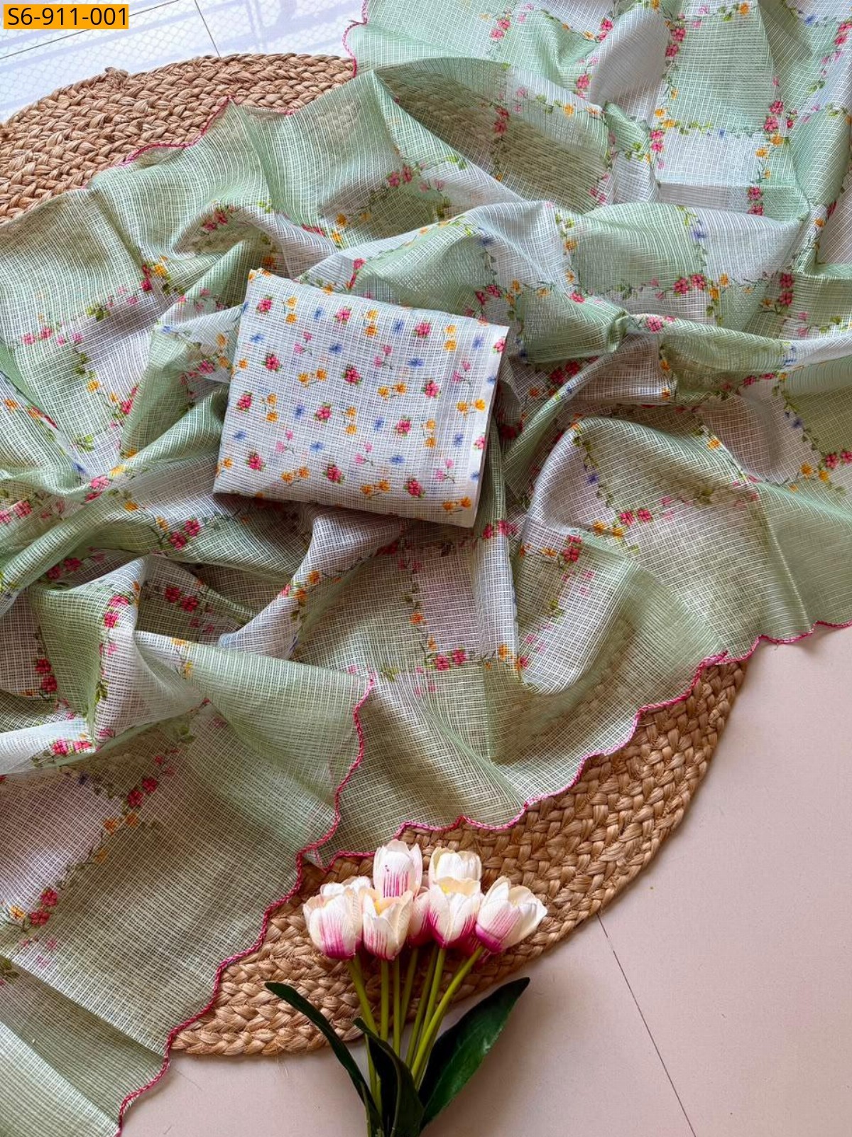 Green Fancy Light Weight Kota Checks Saree