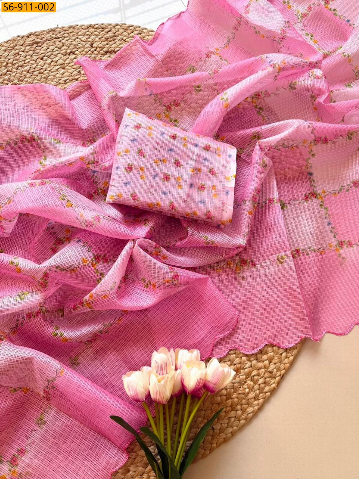 Pink Fancy Light Weight Kota Checks Saree