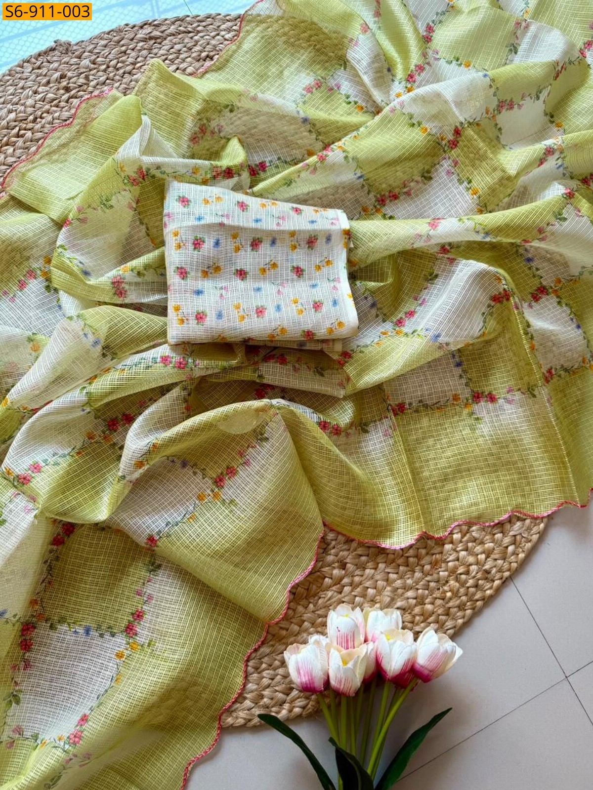 Yellow Fancy Light Weight Kota Checks Saree