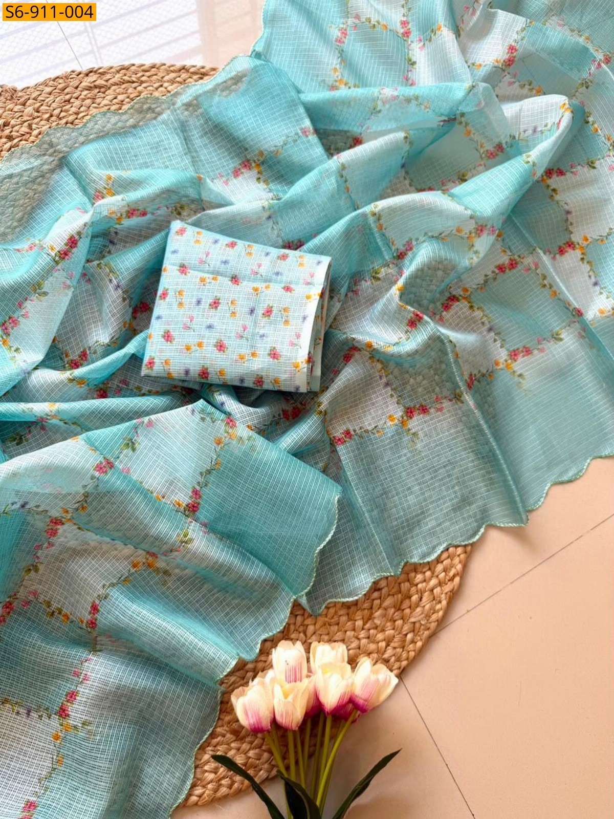 Sky Blue Fancy Light Weight Kota Checks Saree
