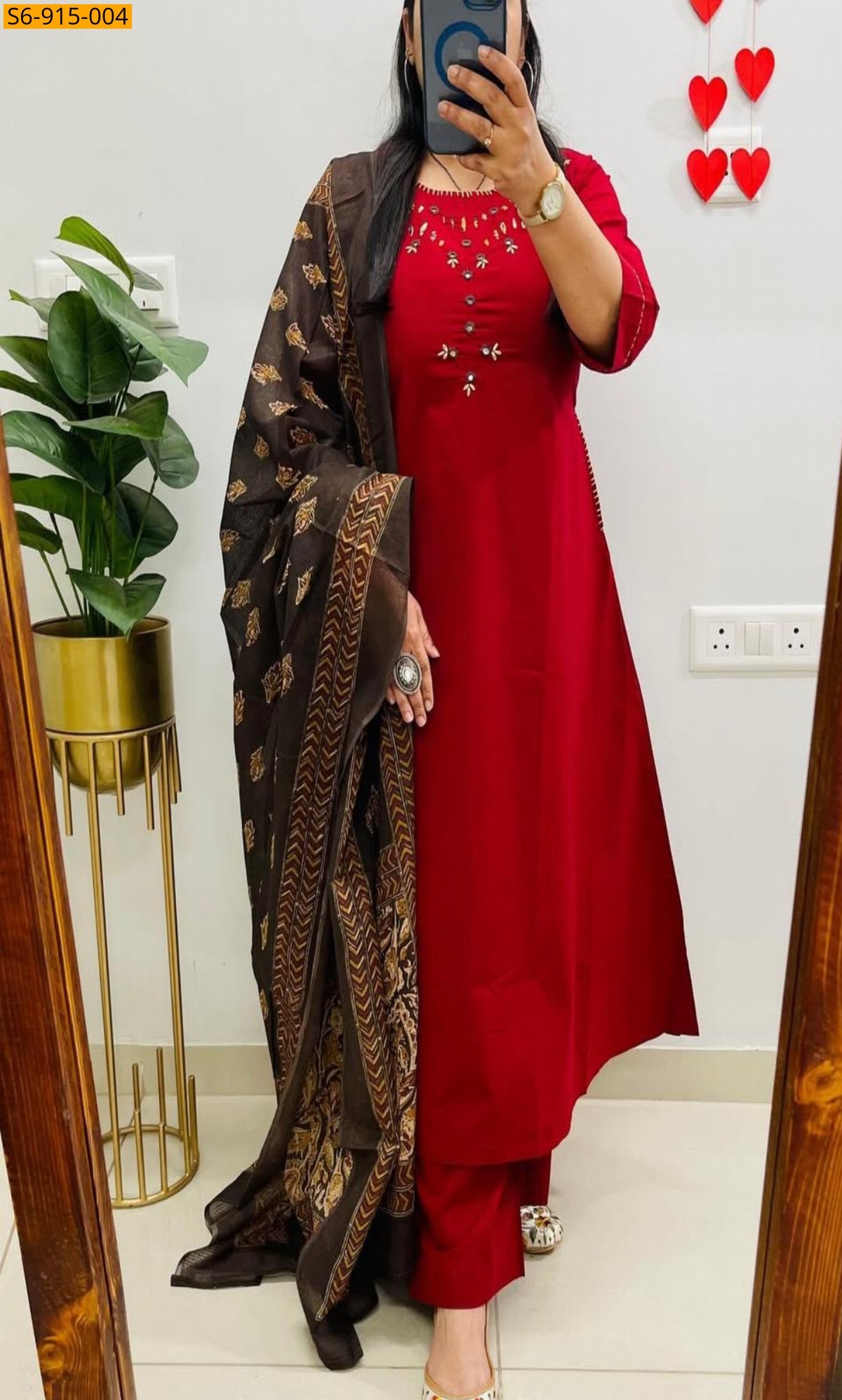 Red Fancy Cotton Kurti pant duppatta set