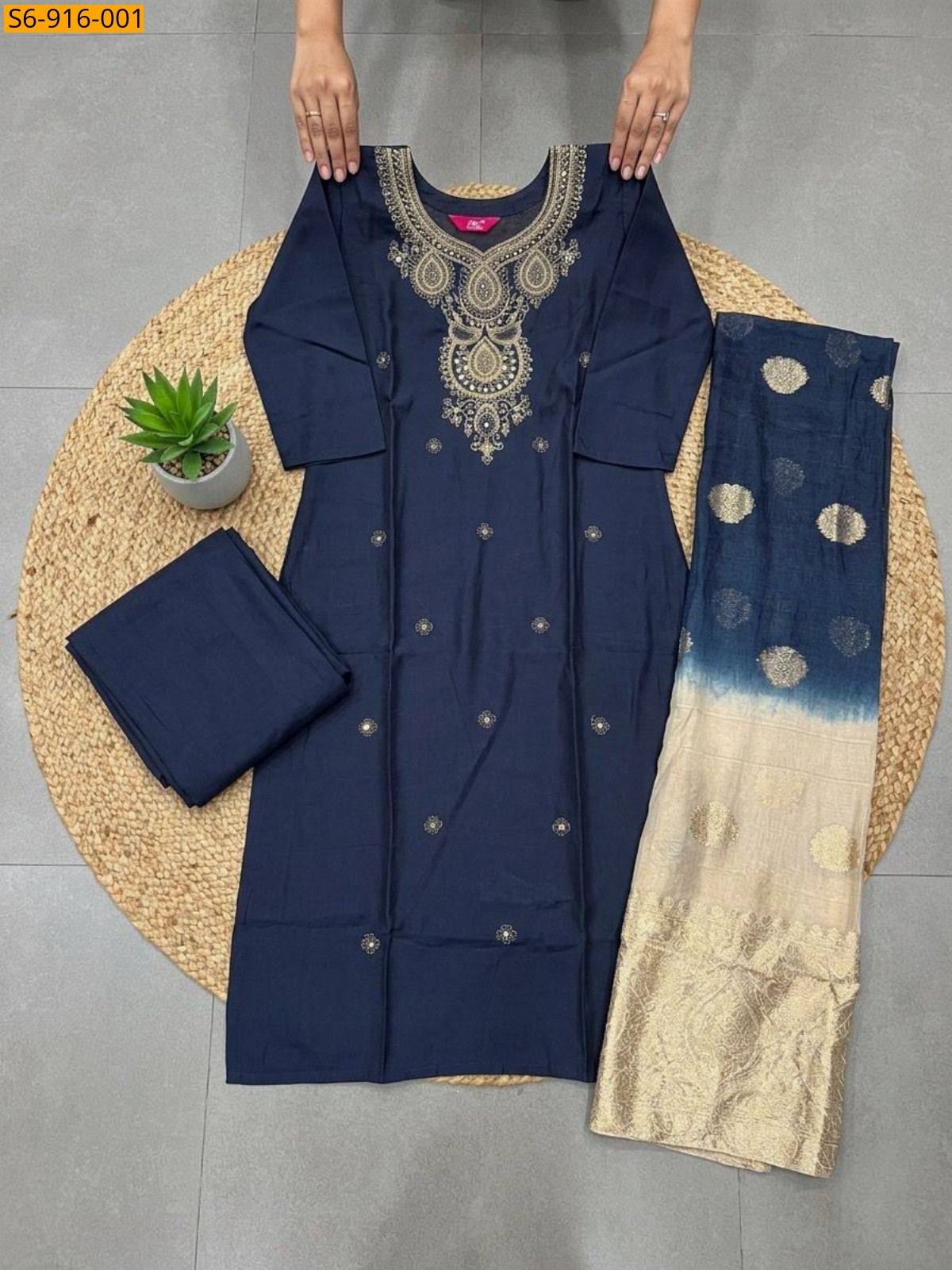 Dark Navy Fancy Roman Silk kurti pant duppatta Set