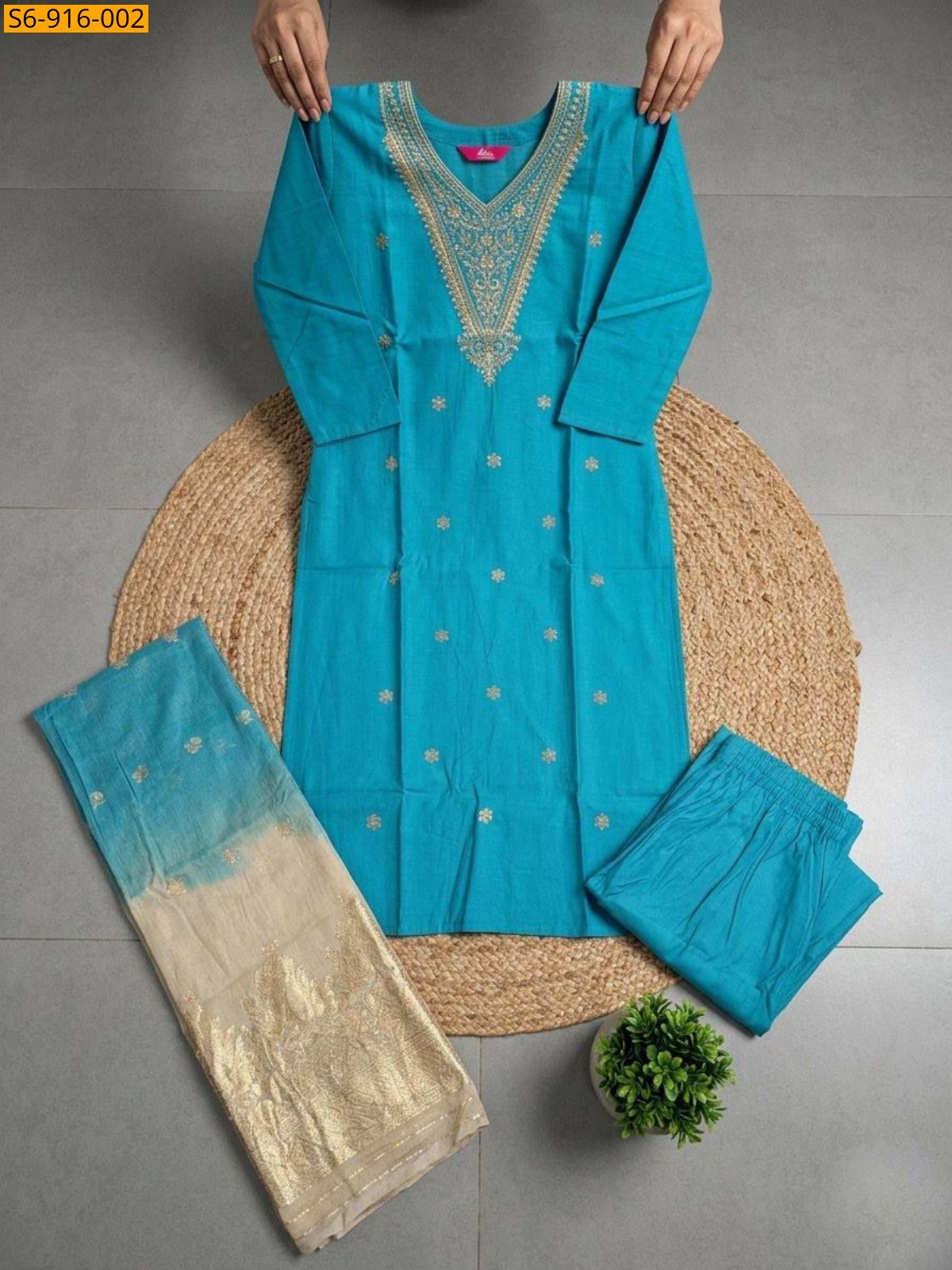 Sky Blue Fancy Roman Silk kurti pant duppatta Set