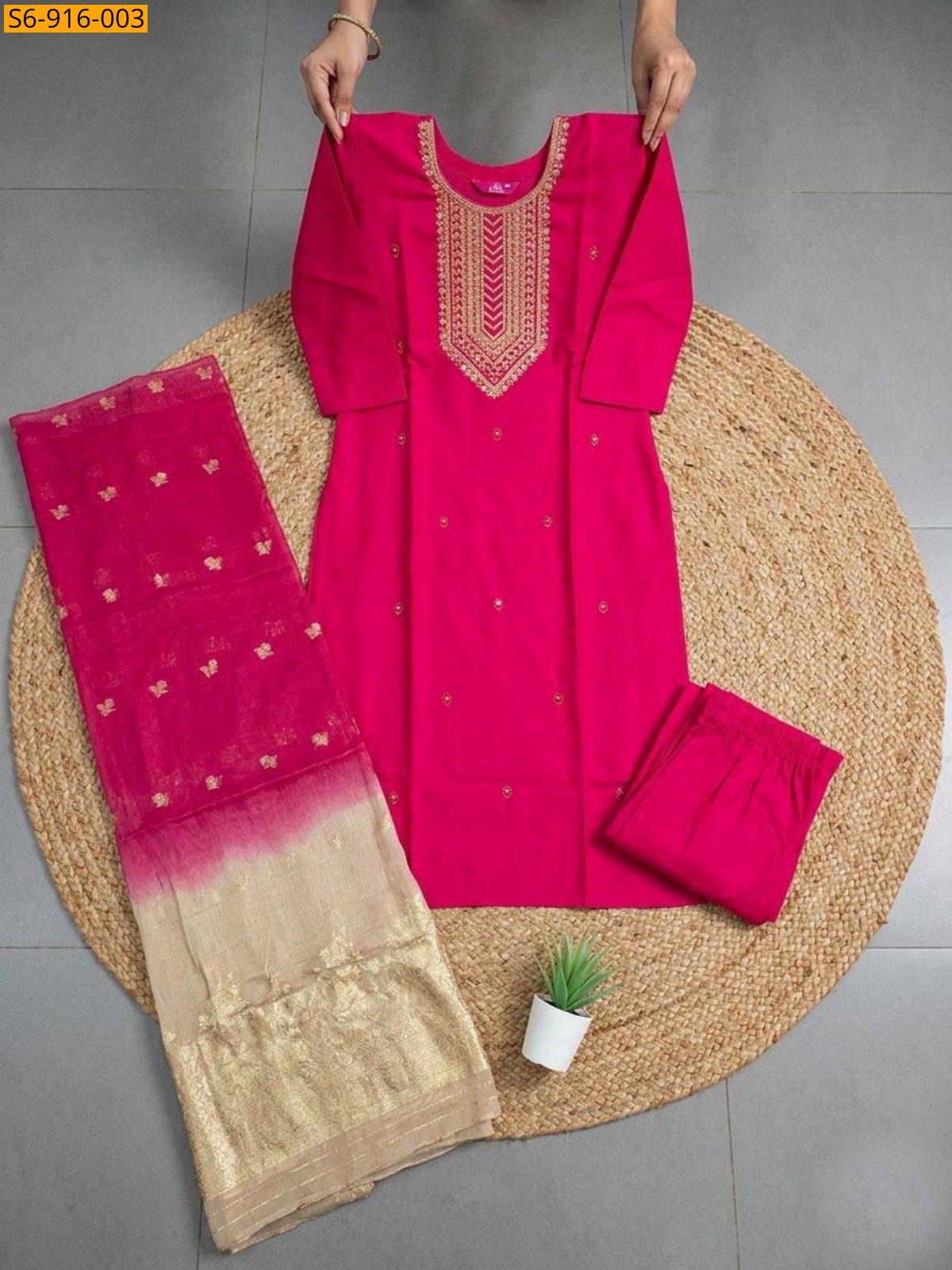 Pink Fancy Roman Silk kurti pant duppatta Set