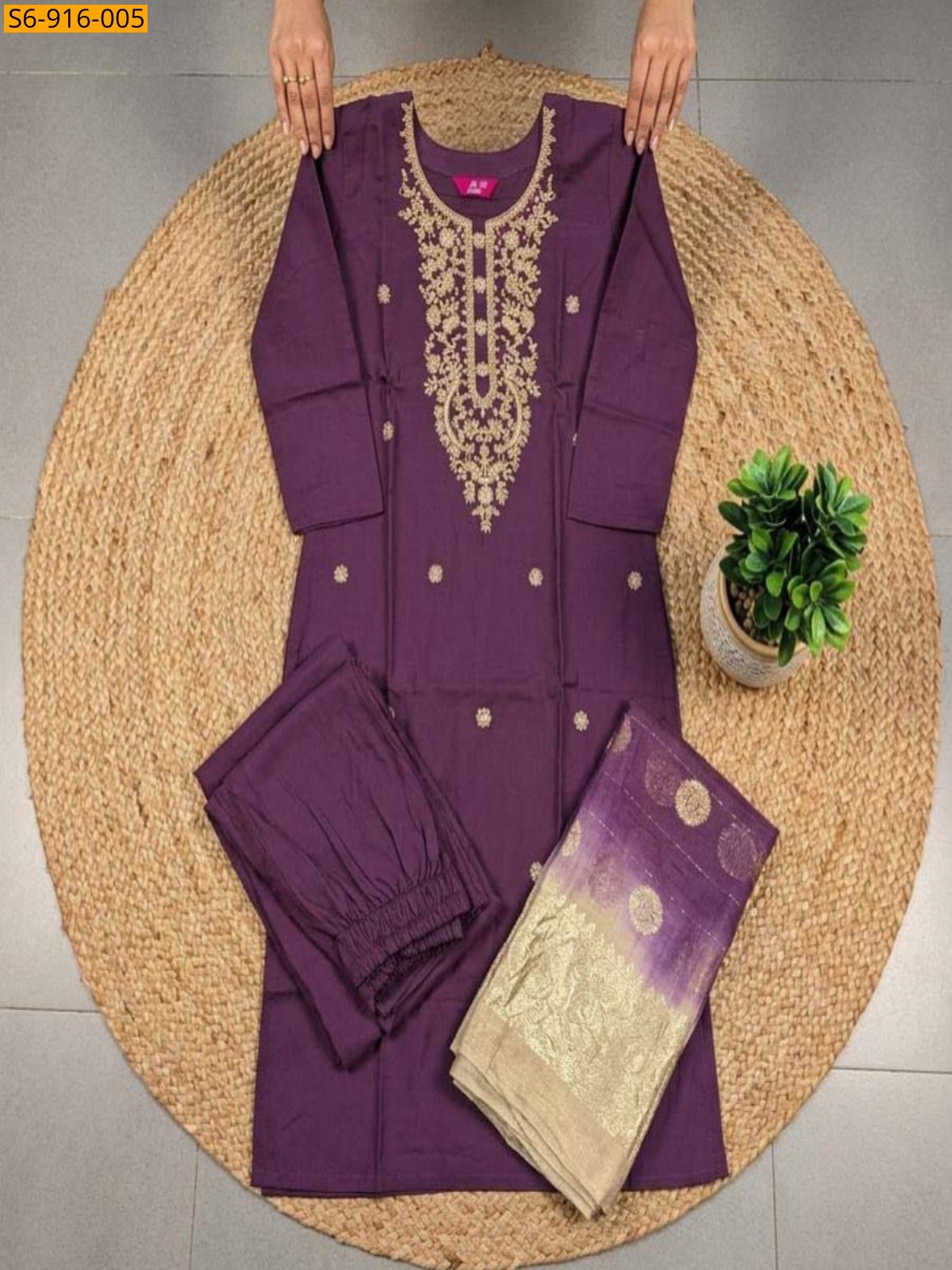 Wine Fancy Roman Silk kurti pant duppatta Set