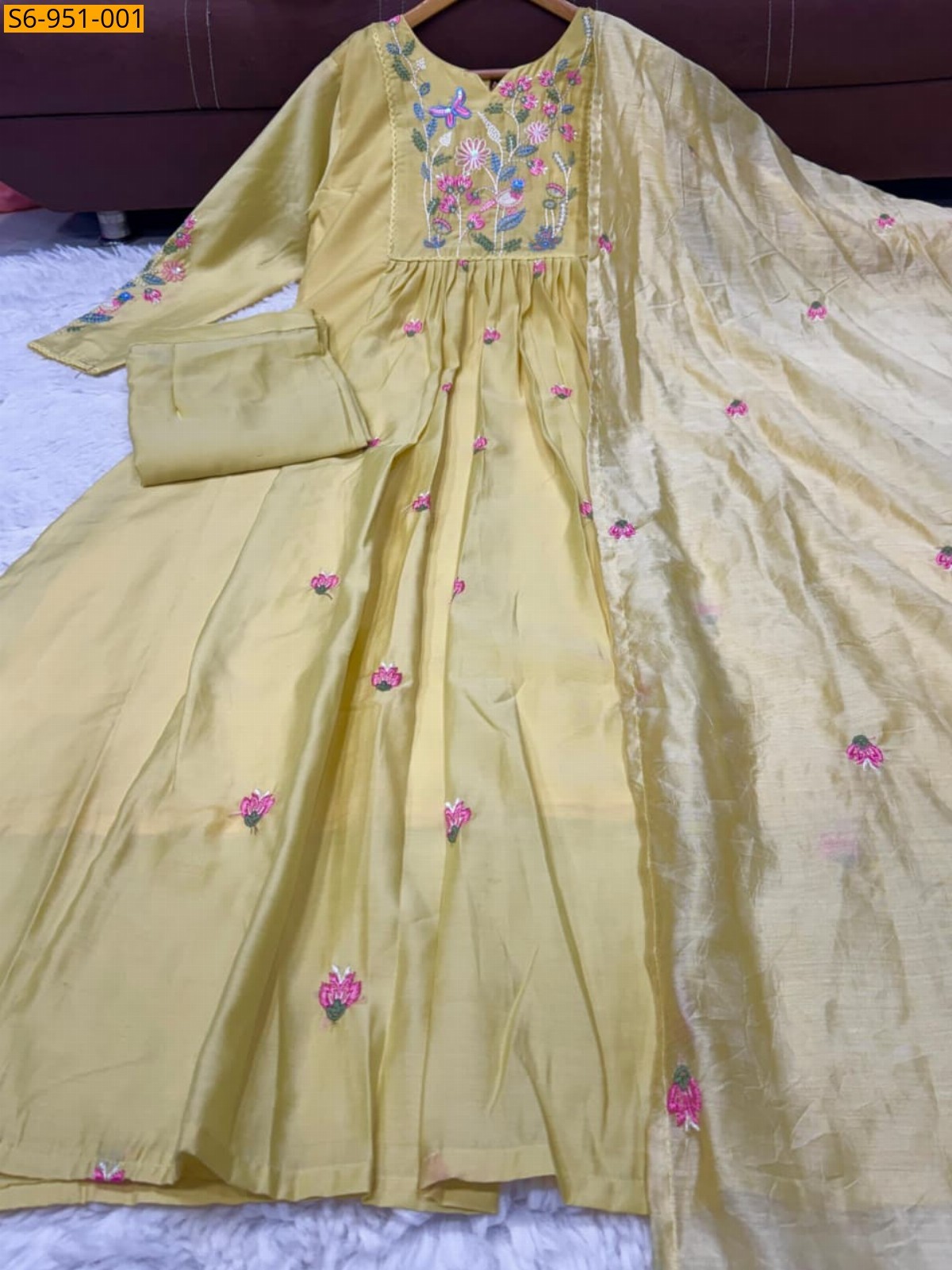 Yellow Fancy Chanderi Silk Kurti pant dupatta set