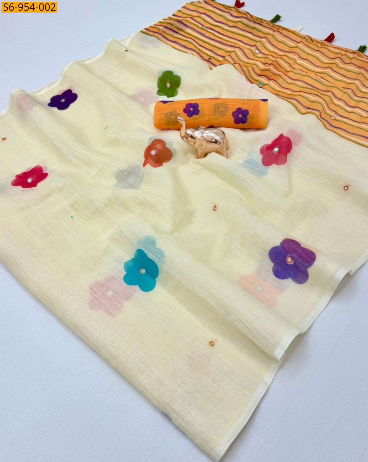 Half white Fancy Linen Printed Saree