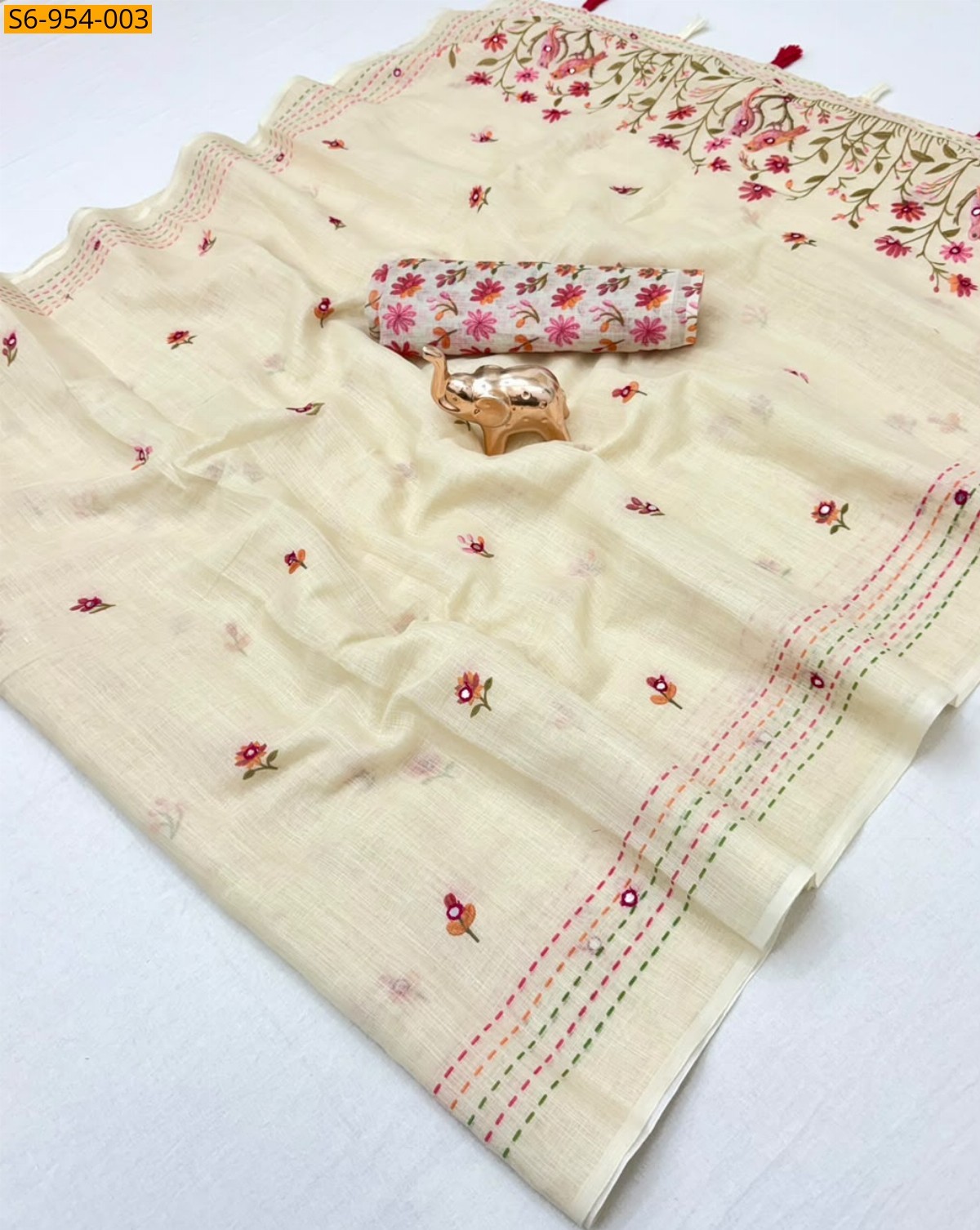 Half white Fancy Linen Printed Saree