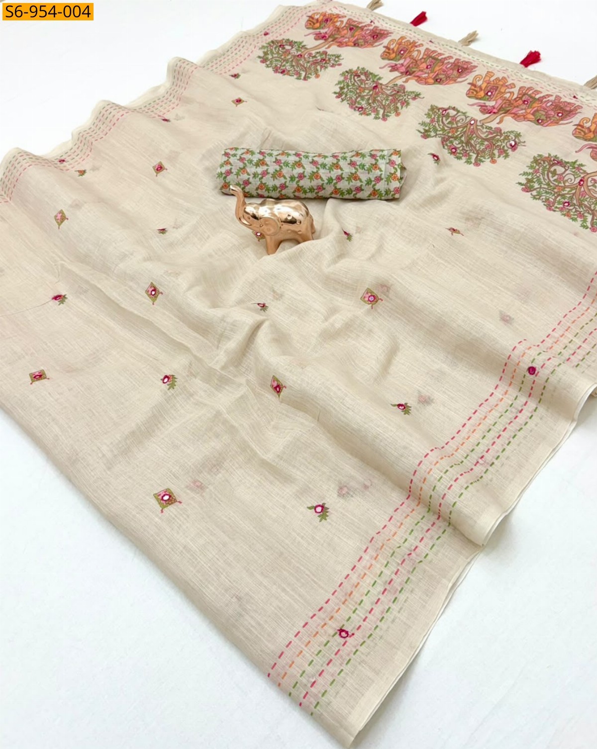 Half white Fancy Linen Printed Saree