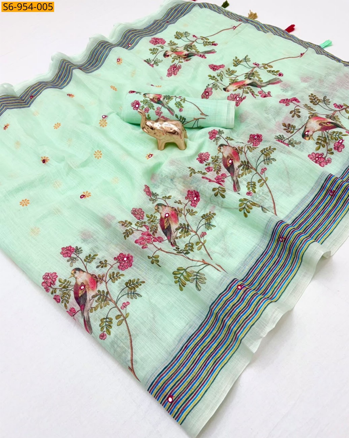 Pista Green Fancy Linen Printed Saree