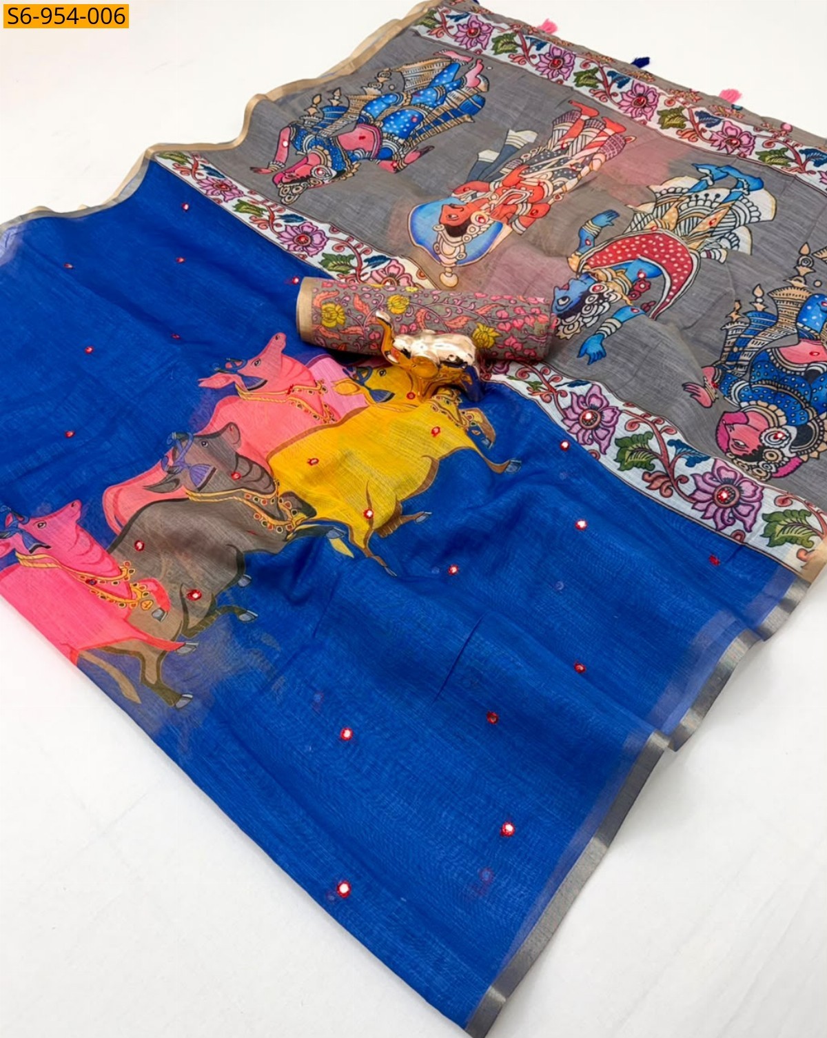 Royal Blue Fancy Linen Printed Saree