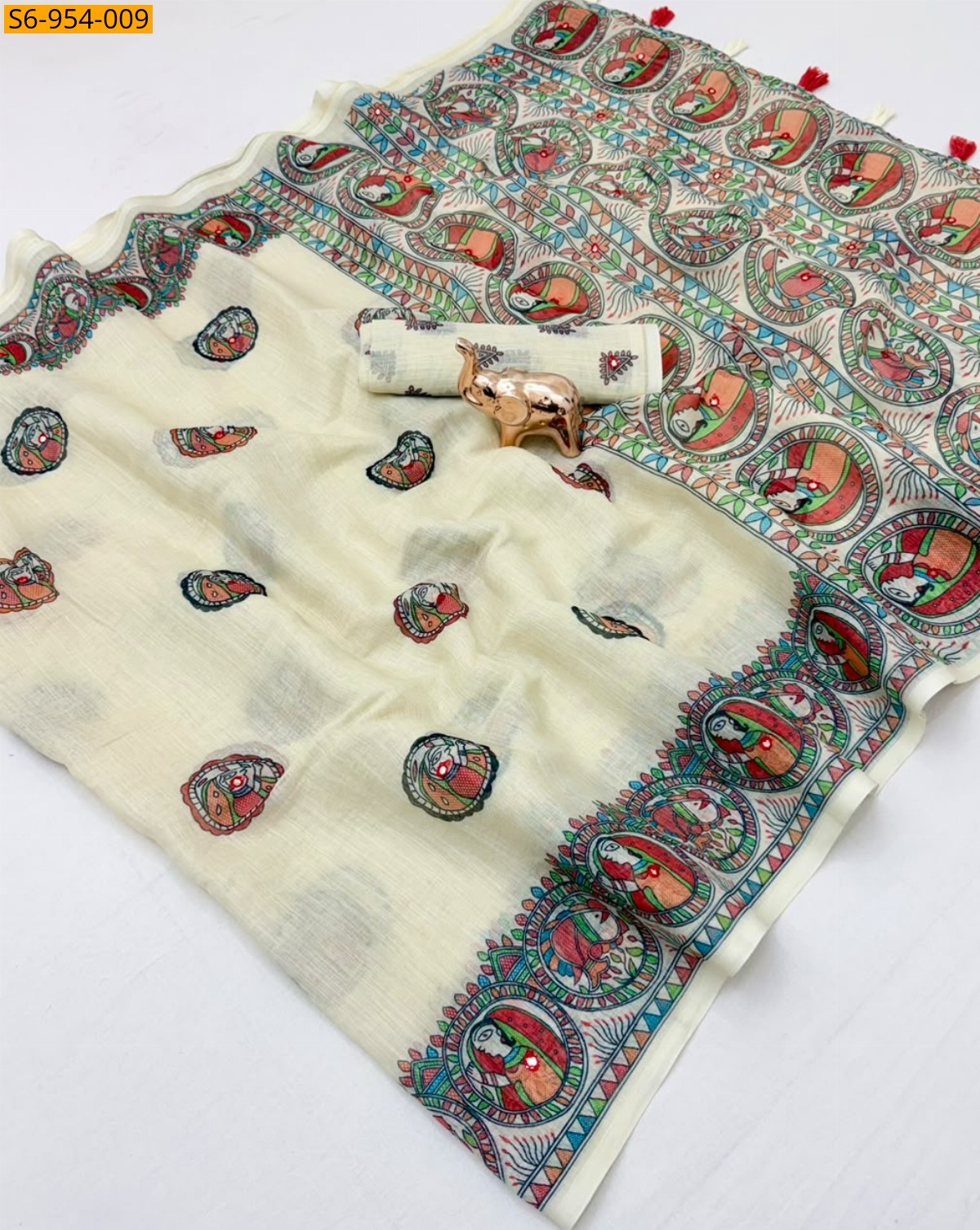 Half white Fancy Linen Printed Saree