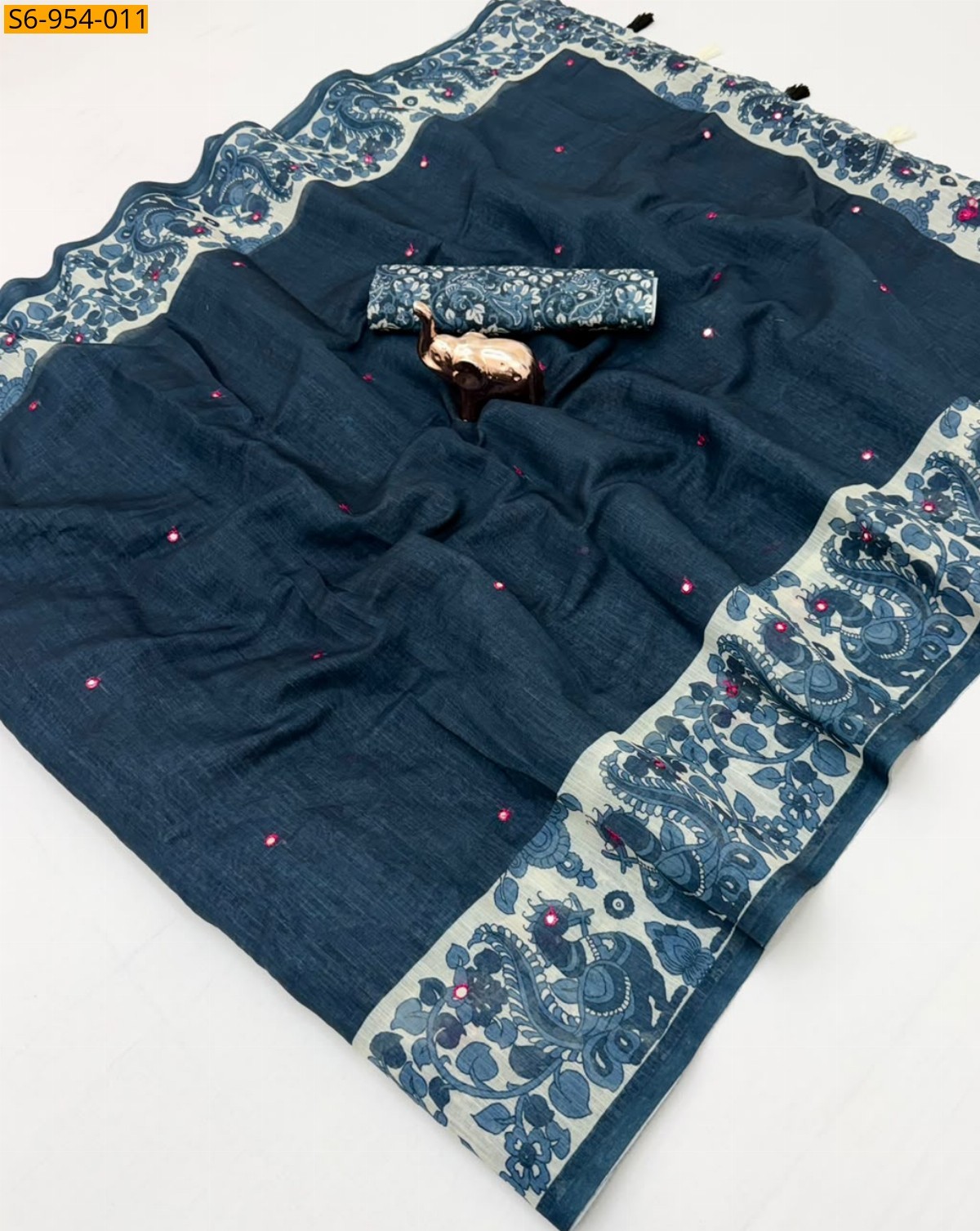 Navy Blue Fancy Linen Printed Saree