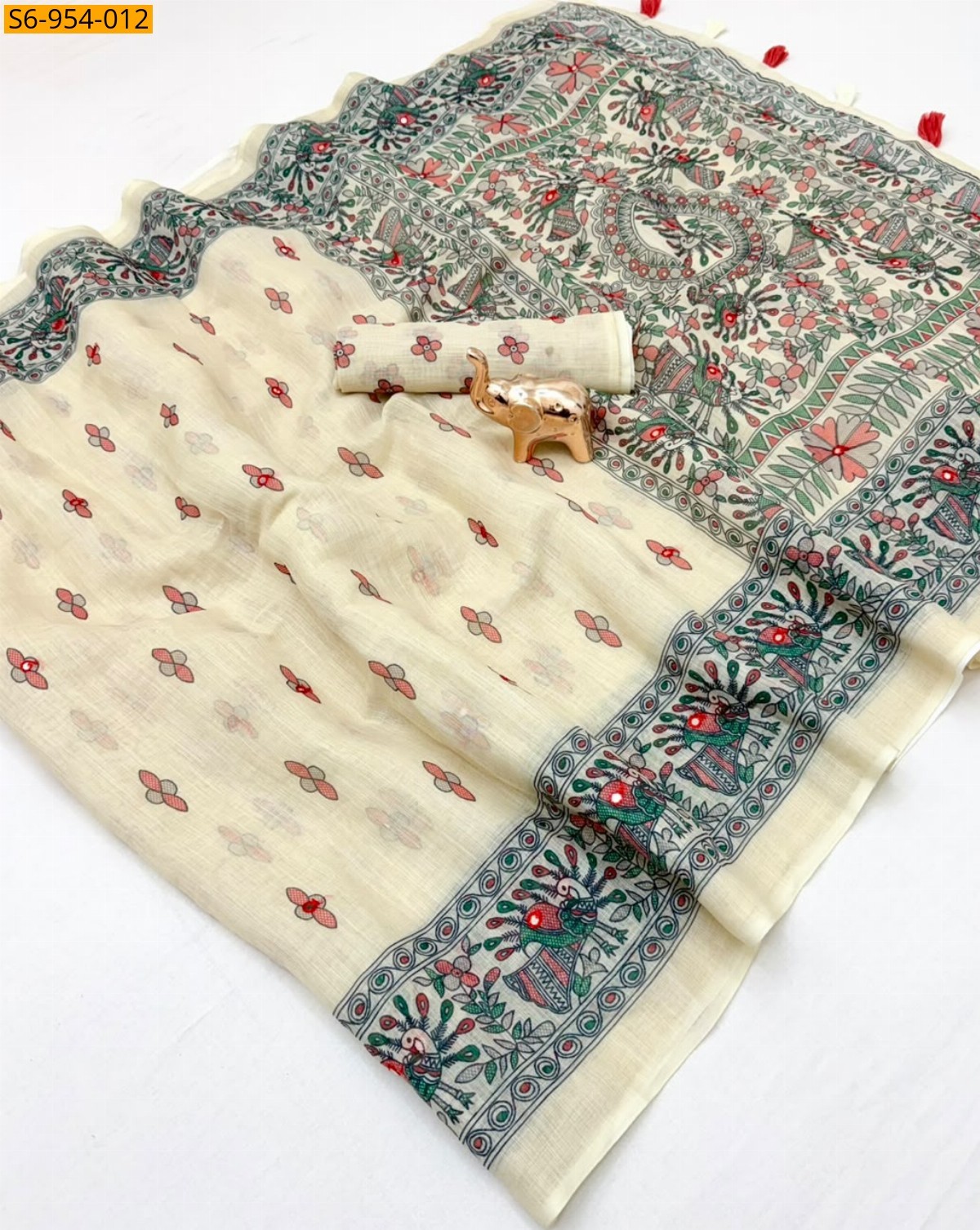 Half white Fancy Linen Printed Saree