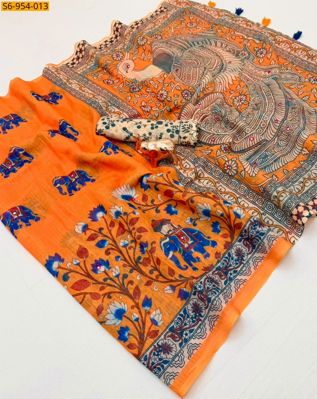 Orange Fancy Linen Printed Saree