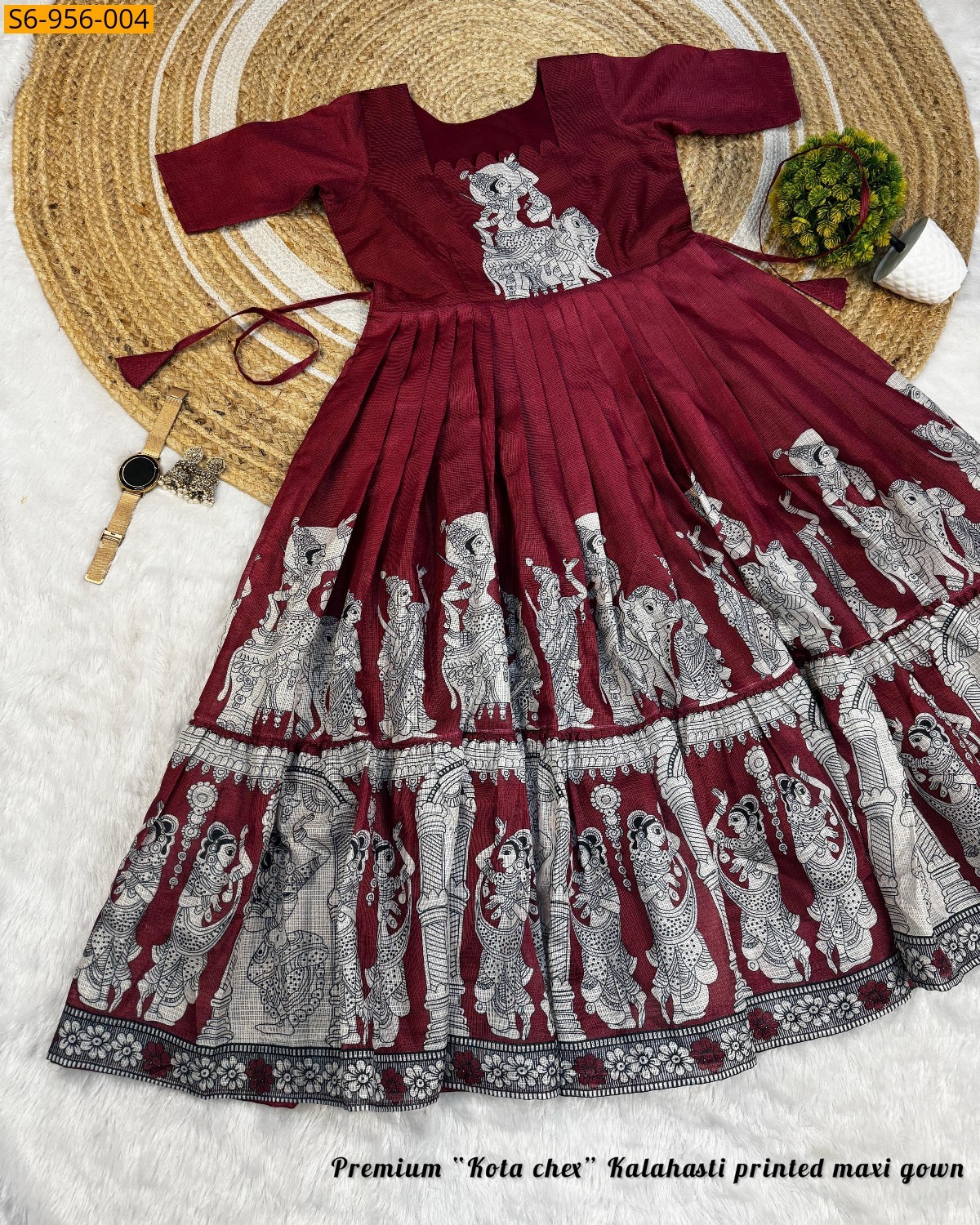 Red Fancy Kota mix Cotton Maxi