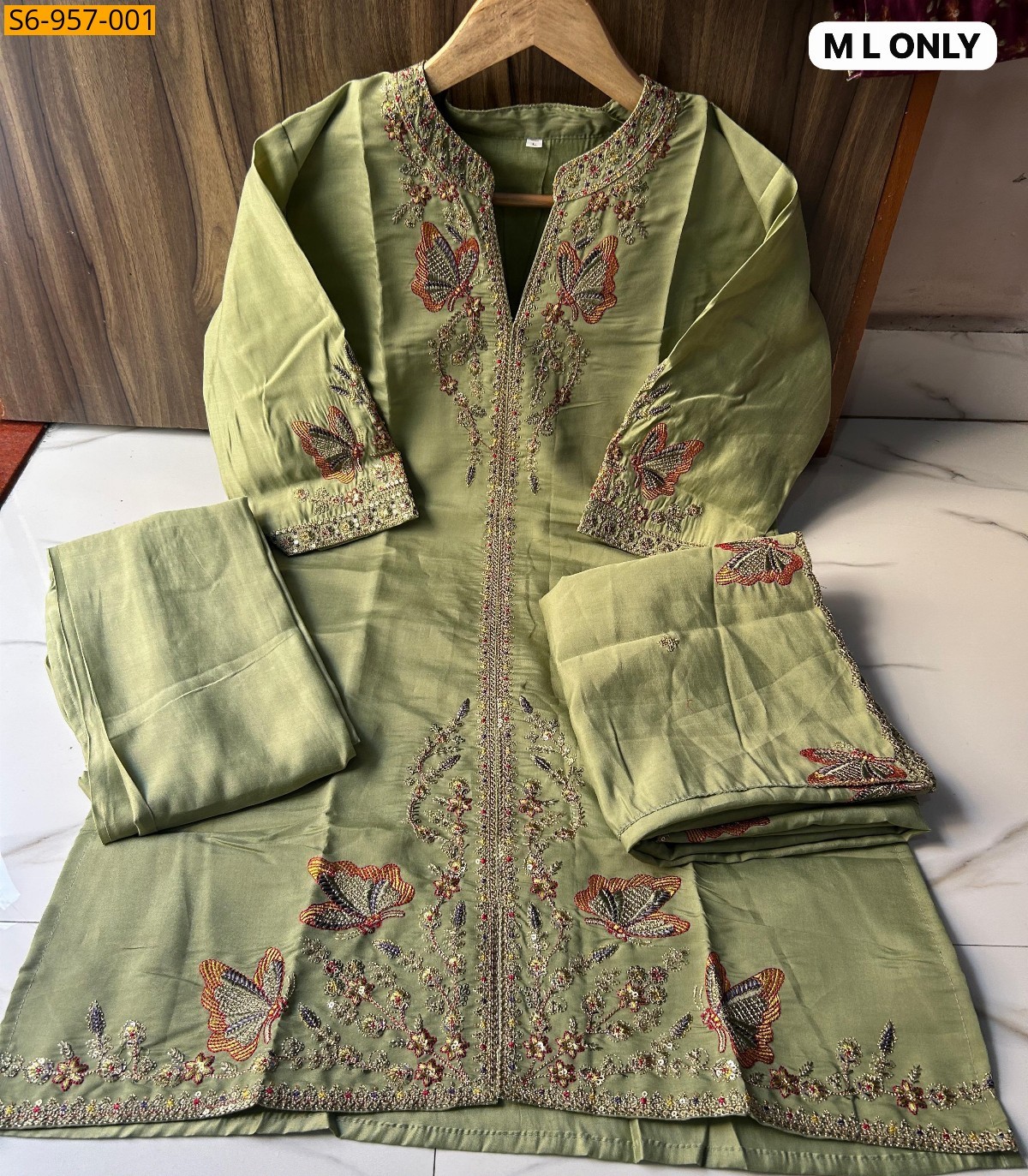 Green Fancy Roman Silk Kurti plazo dupatta set