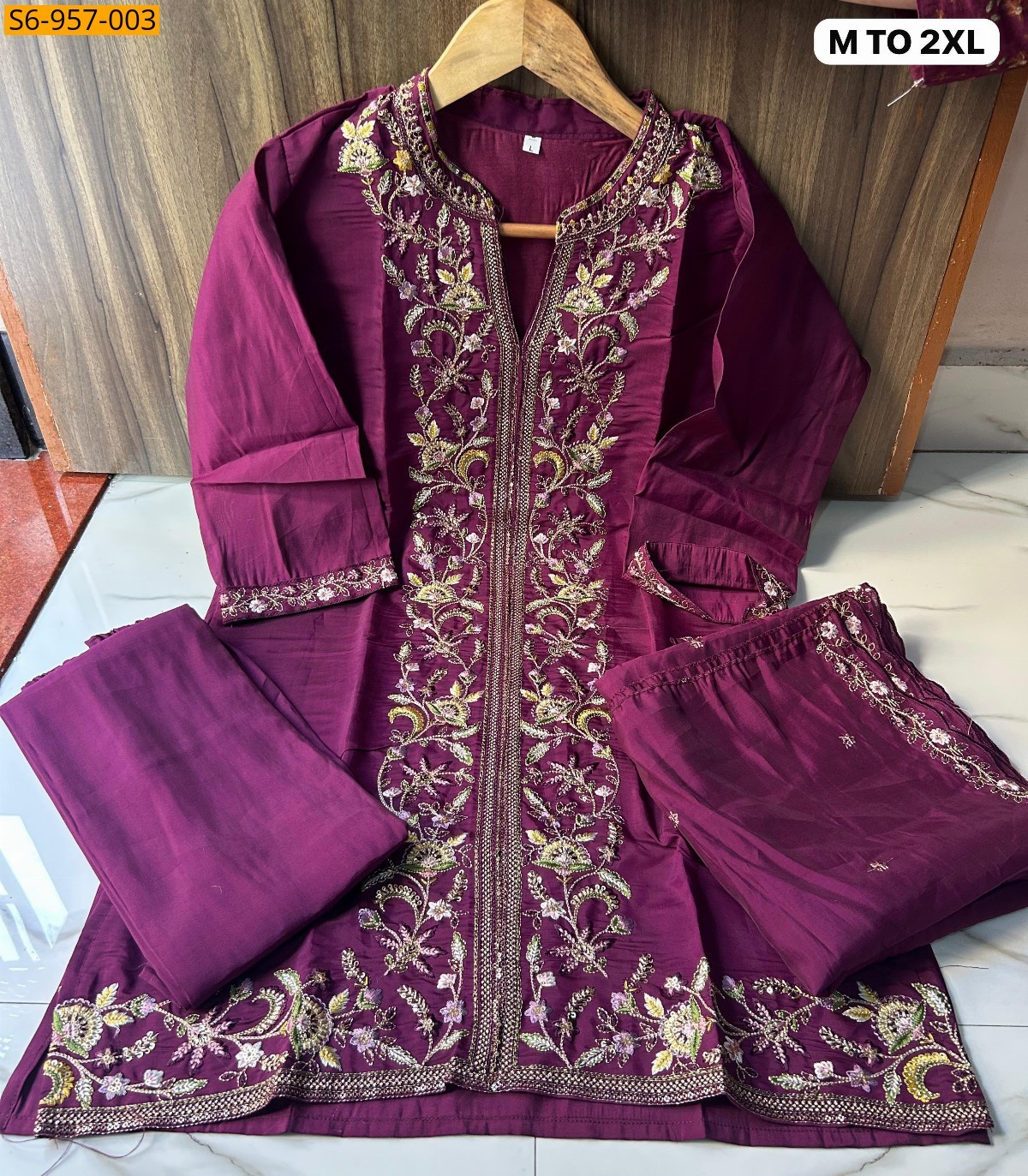 Magenta Fancy Roman Silk Kurti plazo dupatta set