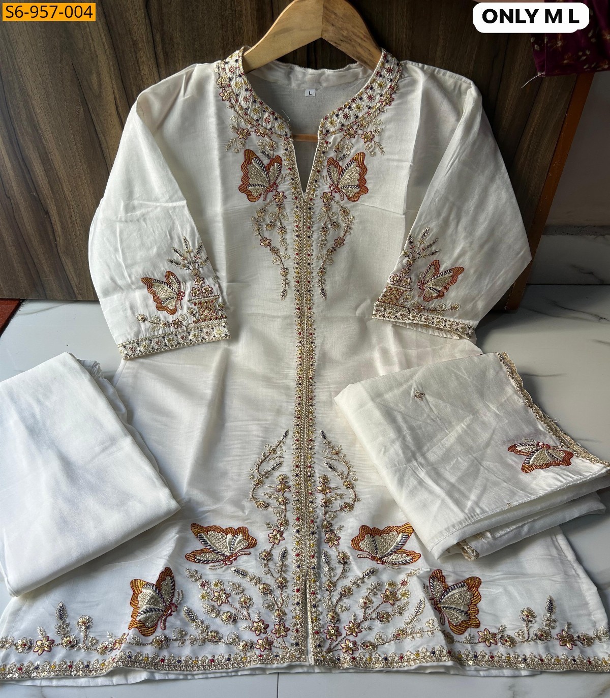 White Fancy Roman Silk Kurti plazo dupatta set