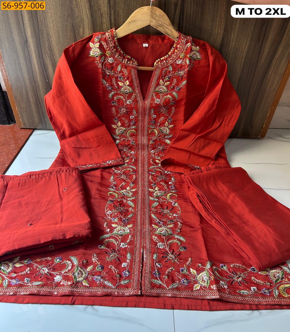 Red Fancy Roman Silk Kurti plazo dupatta set