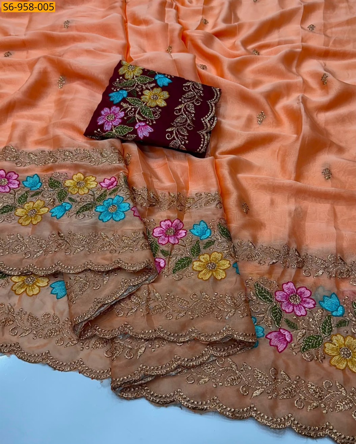 Peach Fancy Star Georgette Saree