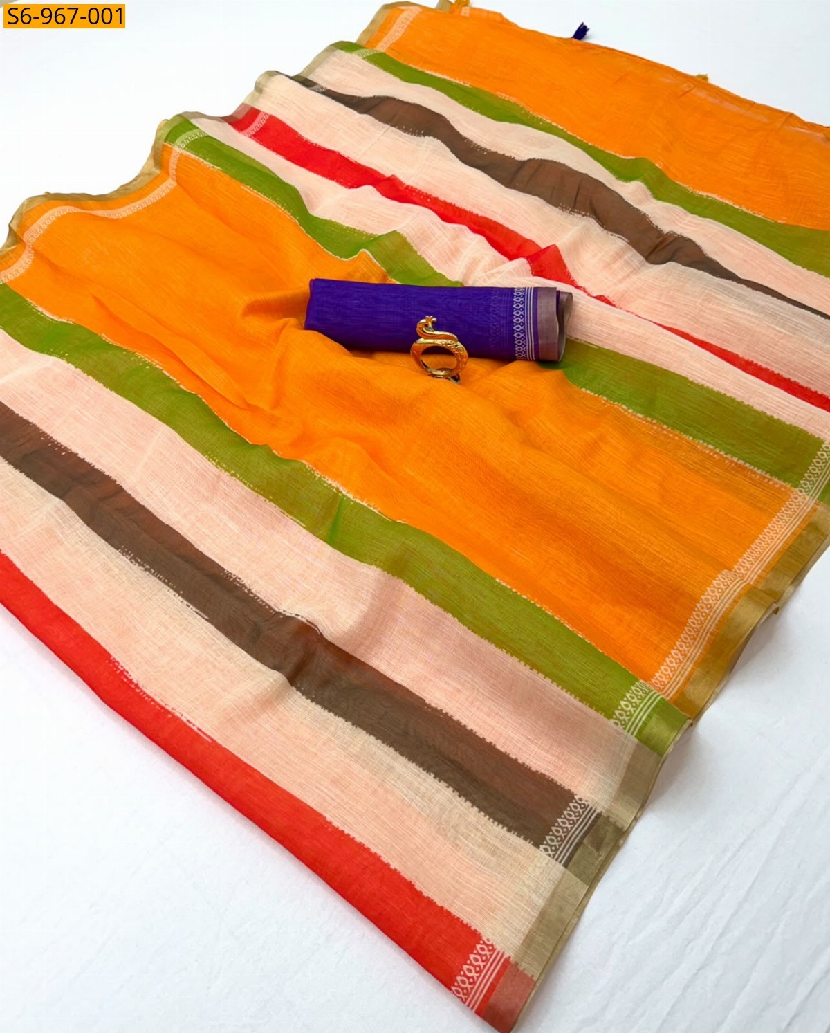 Orange Fancy Linen Cotton Saree