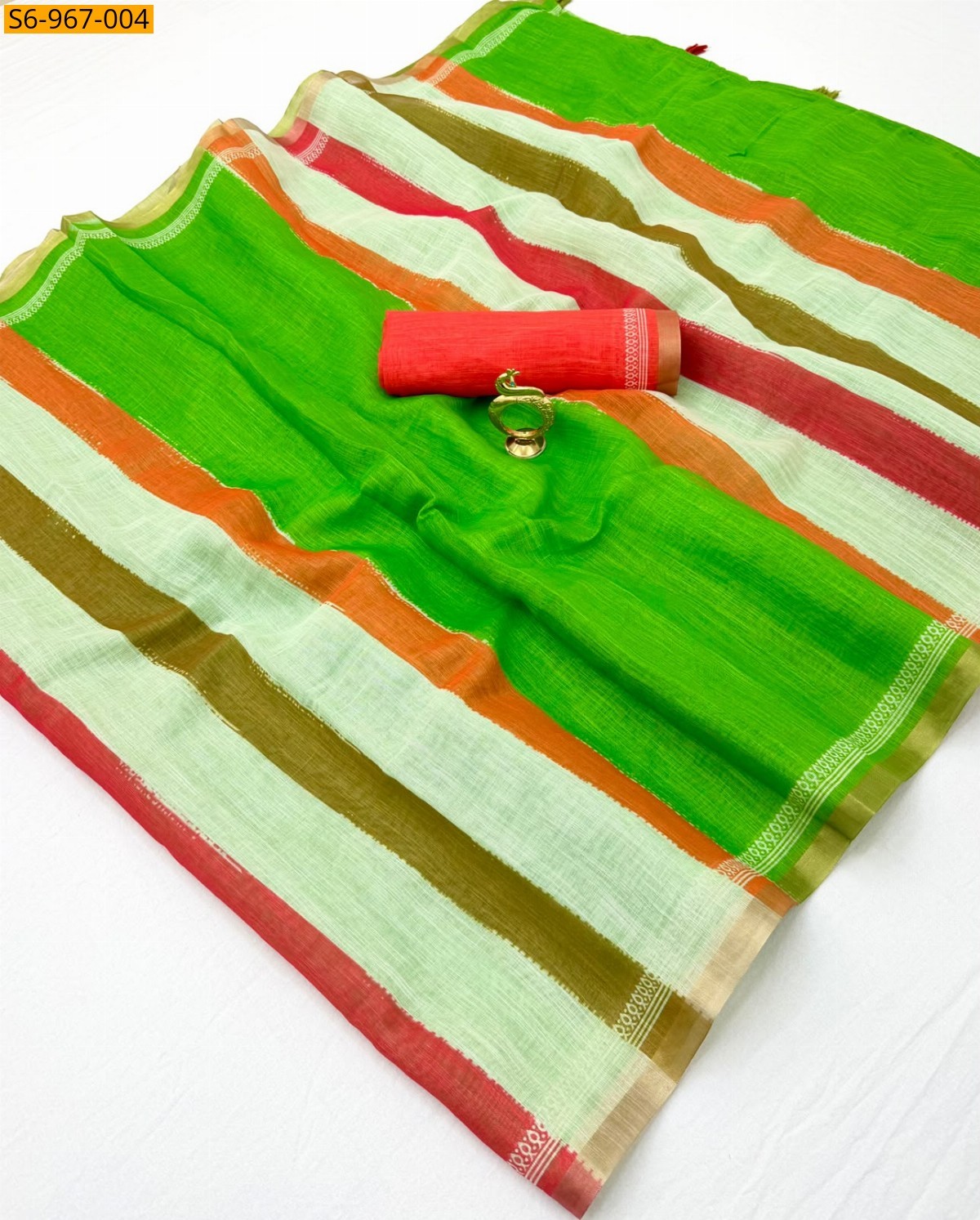 Green Fancy Linen Cotton Saree