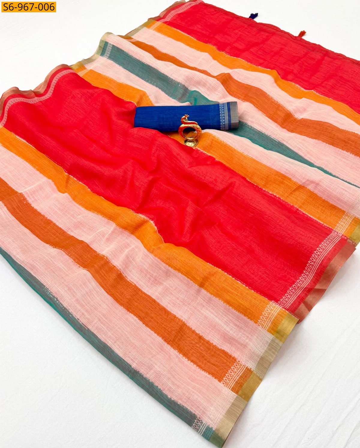 Red Fancy Linen Cotton Saree